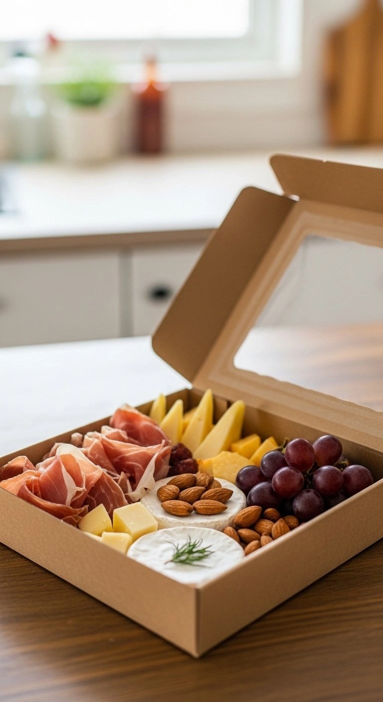 Gourmet Charcuterie Food Box Featuring Prosciutto, Brie, Cheddar, And Grapes On A Rustic Wooden Table For Adults.