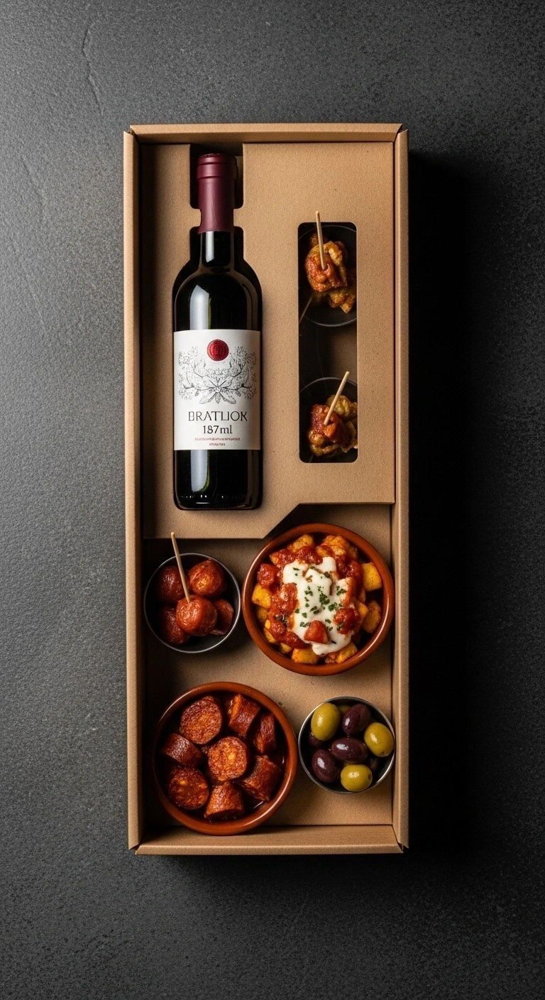 Gourmet Tapas And Wine Pairing Box Featuring A Red Wine Bottle, Chorizo, And Olives On A Rustic Grey Stone Surface.