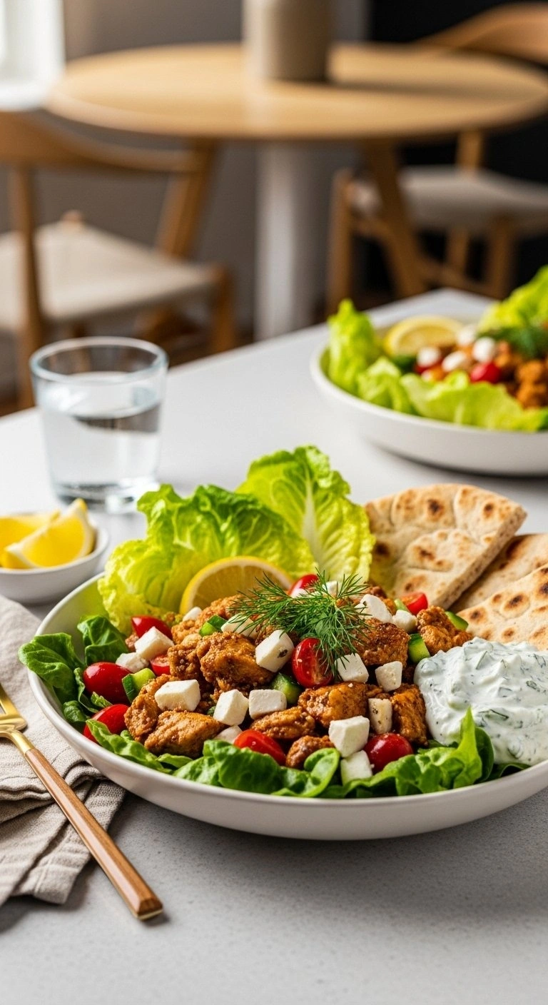 Greek Chicken Salad With Tzatziki Served With Warm Pita Bread And Fresh Lettuce Cups On A Light Kitchen Counter.