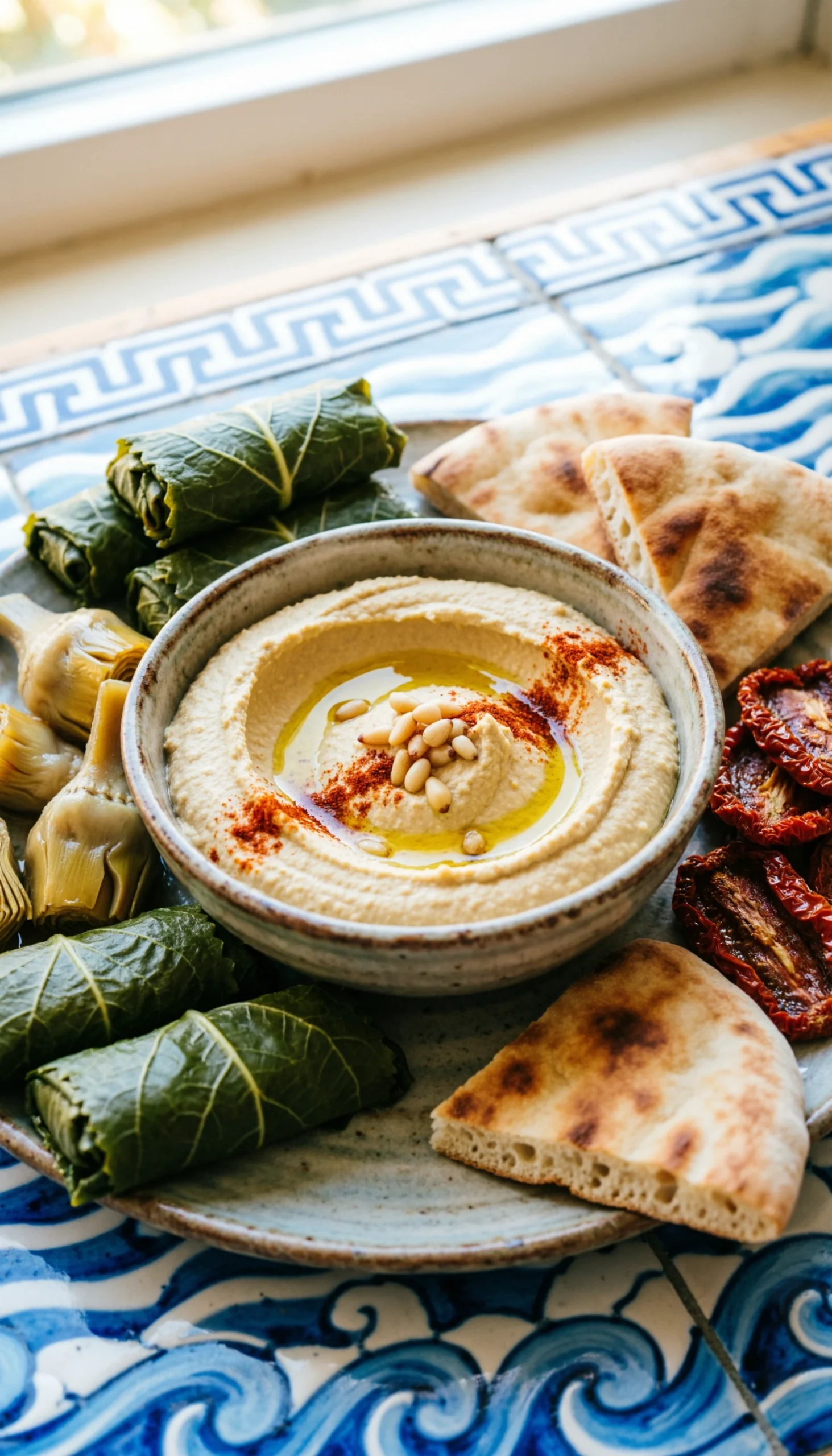 Greek Mezze Hummus Board With Dolmades, Marinated Artichoke Hearts, Sun-Dried Tomatoes, And Warm Pita Bread.