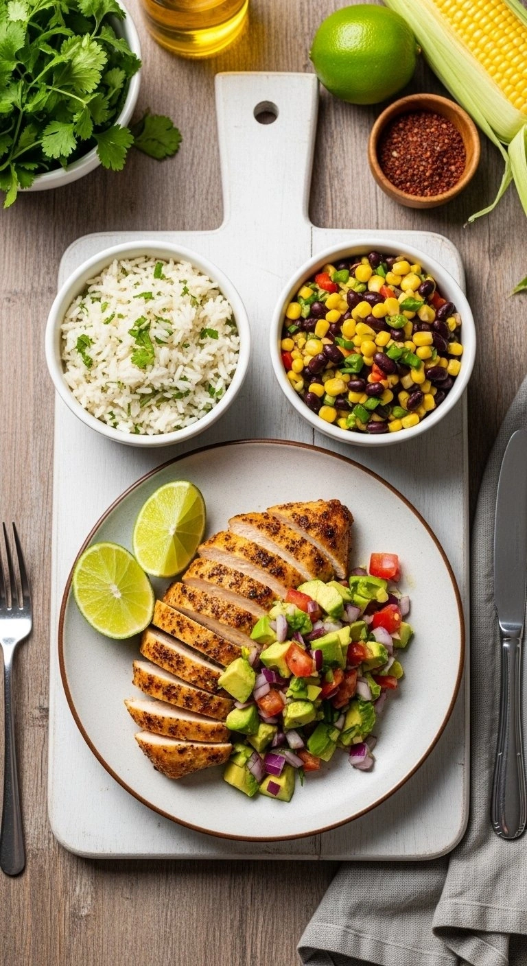 Grilled Cilantro Lime Chicken Served With Rice And Corn Black Bean Salad On A Rustic Wooden Board For A Healthy Meal.