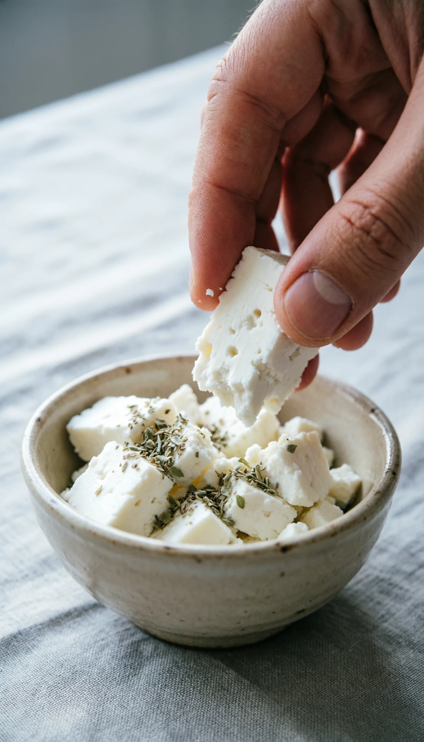 Hand Crumbling White Feta Cheese With Dried Oregano Into A Vintage Ceramic Bowl On A Linen Tablecloth, Ready For Cooking.