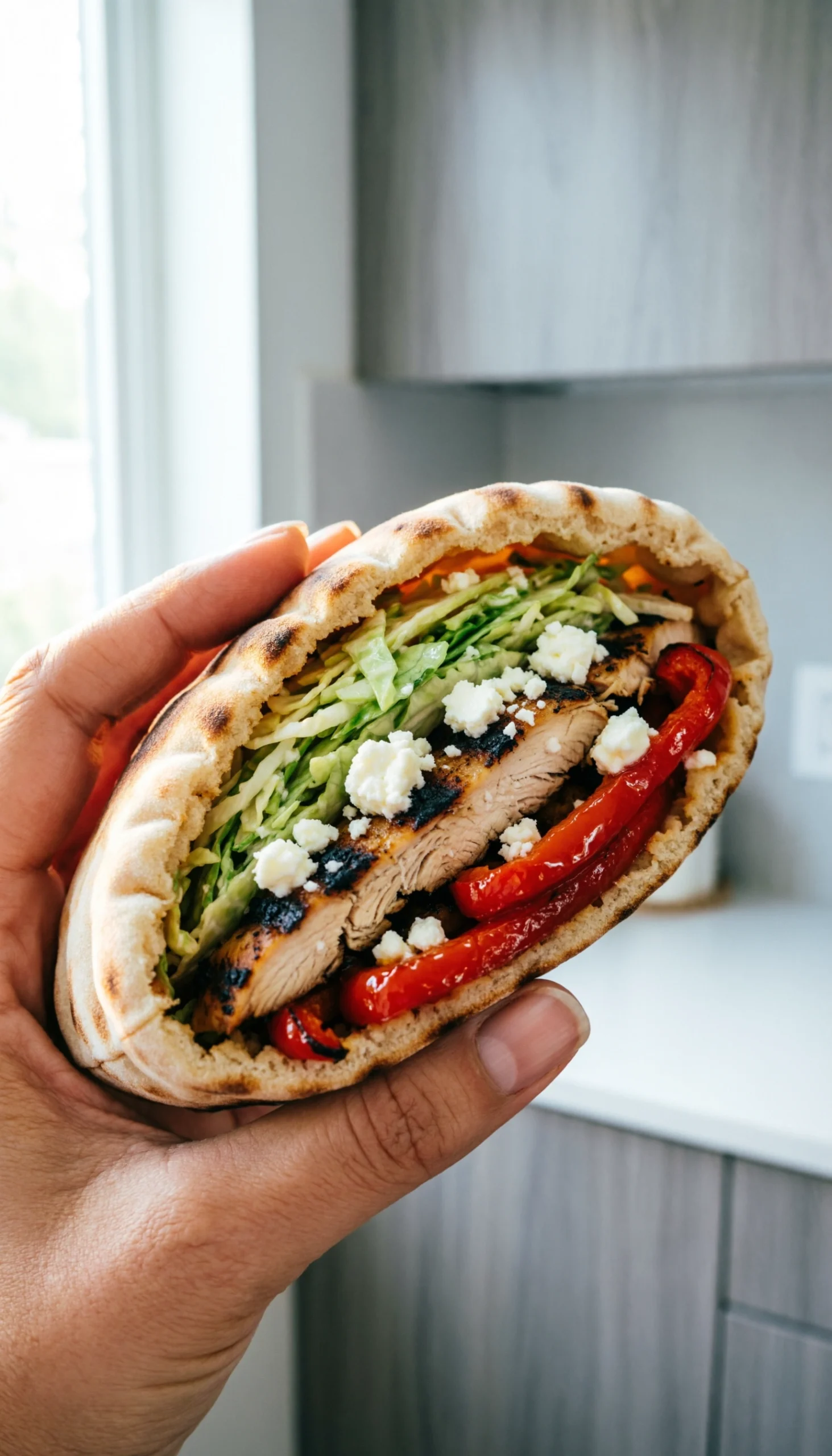 Hand Holding A Fully Stuffed Pita Pocket Revealing Layers Of Green Slaw, Charred Chicken, Red Peppers, And White Feta.