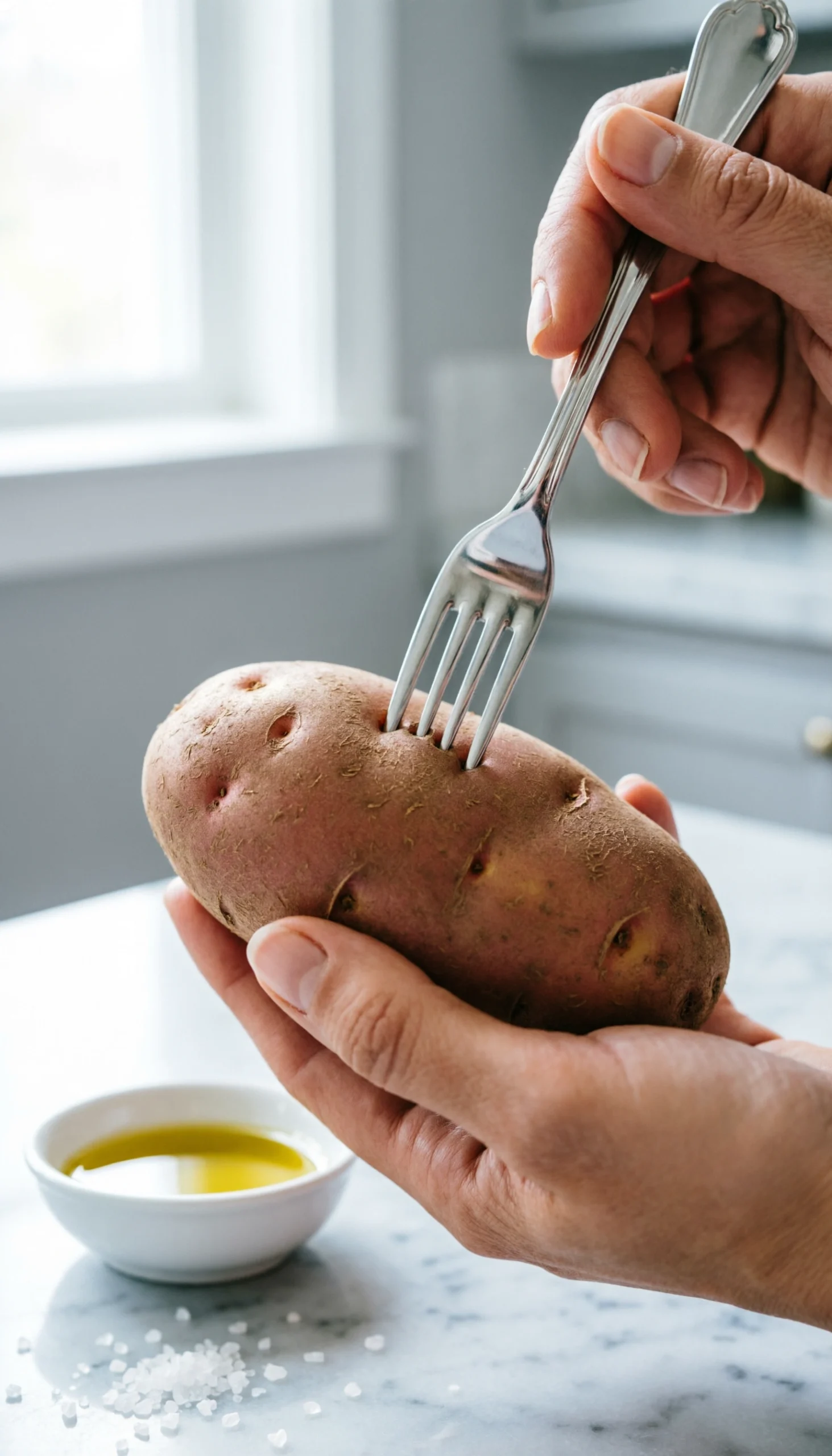 Hands Gently Prick A Clean Russet Baking Potato Multiple Times With A Silver Fork On A Marble Countertop For Even Cooking.