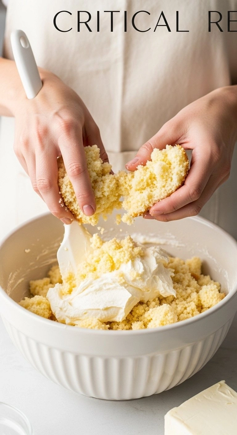 Hands Mixing Moist Crumbled Lemon Cake With Creamy White Frosting In A Ceramic Bowl For Making Delicious Cake Pops.