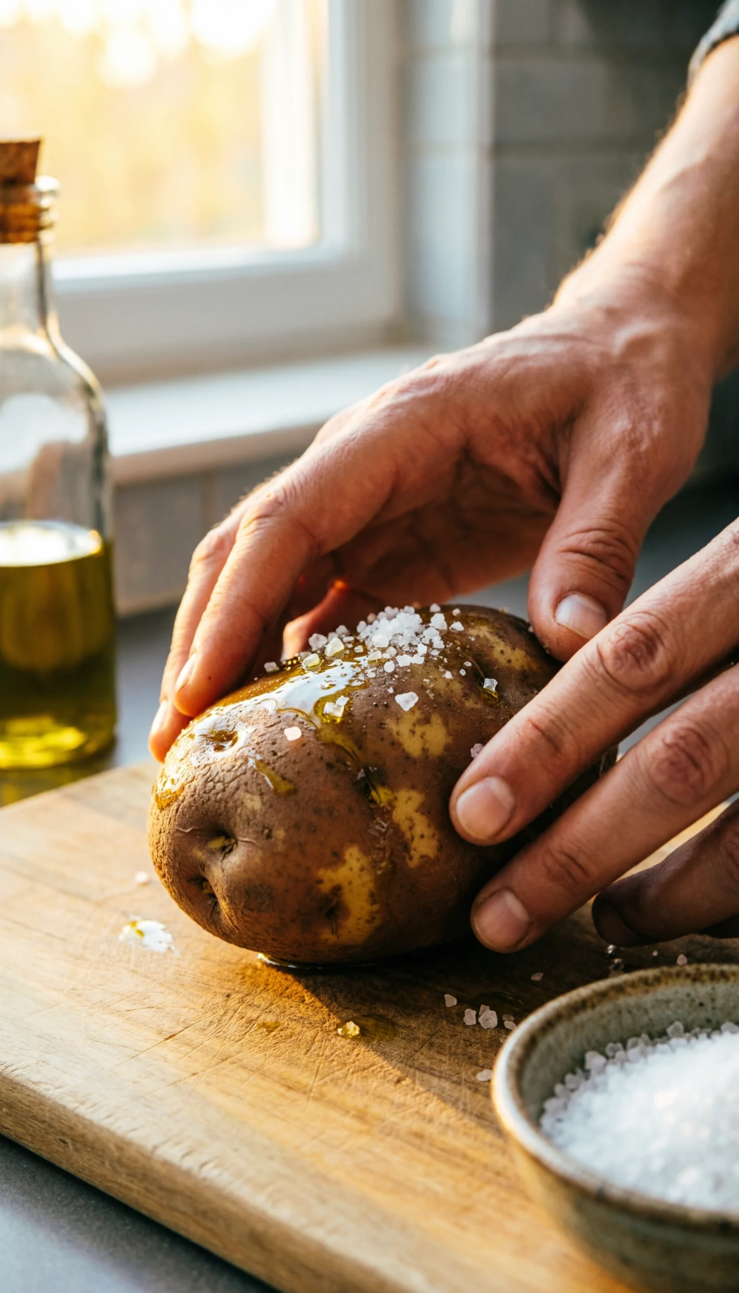 Hands Rub A Russet Baking Potato With Glistening Olive Oil And Sprinkle Coarse Sea Salt For Delicious Crispy Skin.