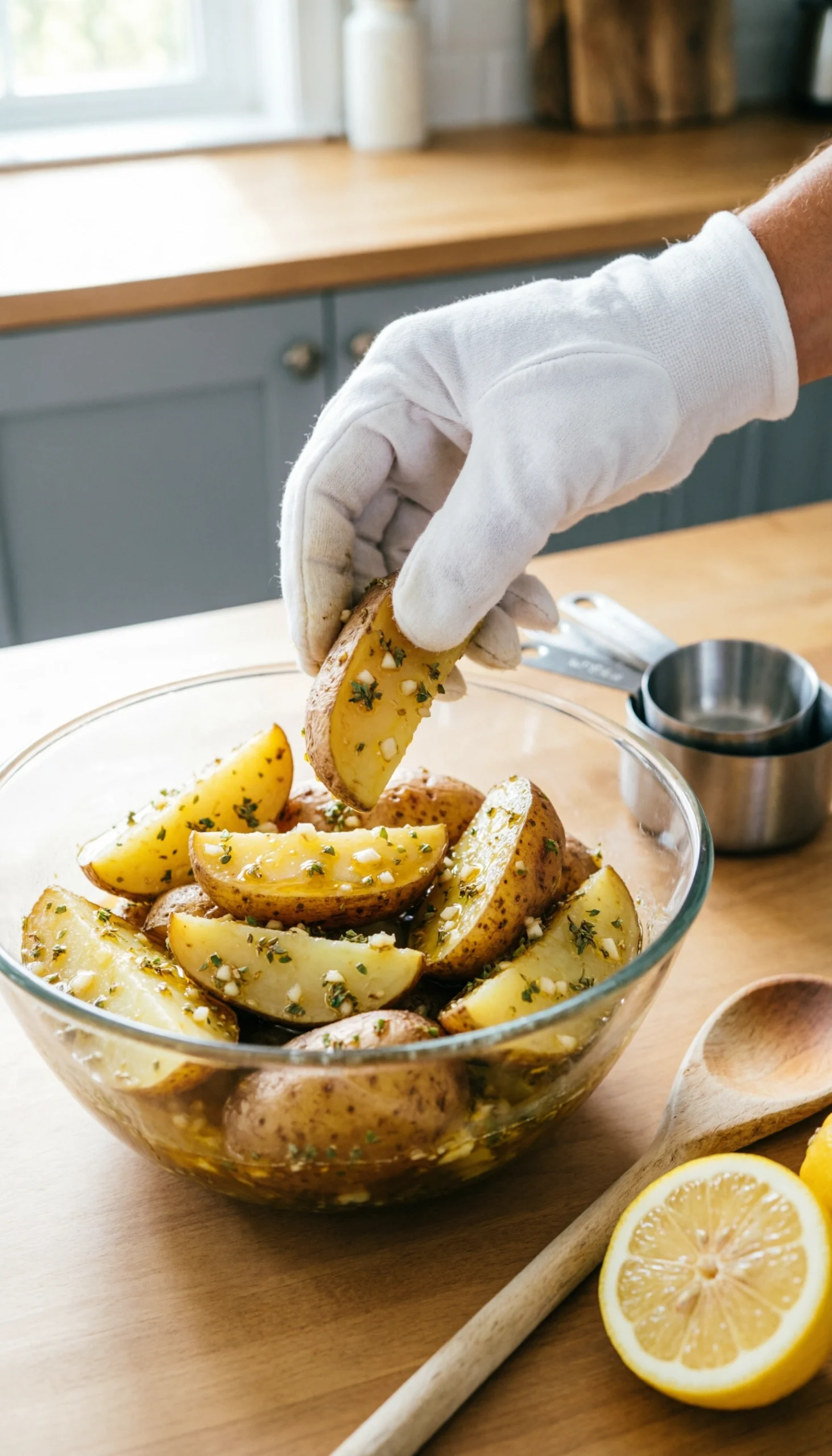 Hands Tossing Rustic Potato Wedges In A Lemon-Garlic Marinade Inside A Clear Glass Mixing Bowl In A Kitchen.