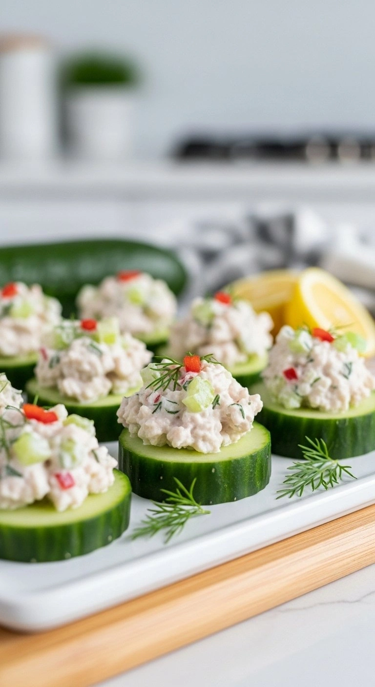 Healthy Chicken Salad Cucumber Bites Topped With Fresh Dill And Chives On A White Ceramic Platter In A Bright Kitchen.