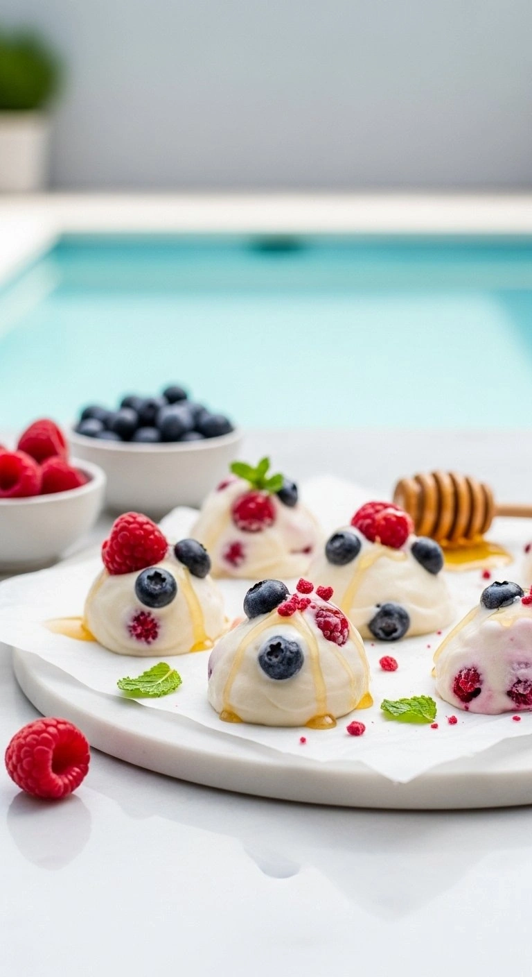 Healthy Frozen Yogurt Bites Topped With Fresh Berries And Honey Drizzle On A White Platter Near A Sunny Pool.
