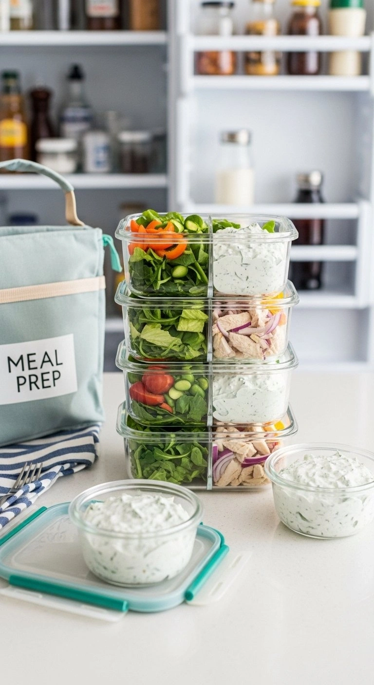 Healthy High Protein Greek Chicken Salad Portioned Into Clear Meal Prep Containers For Organized Lunch Planning.