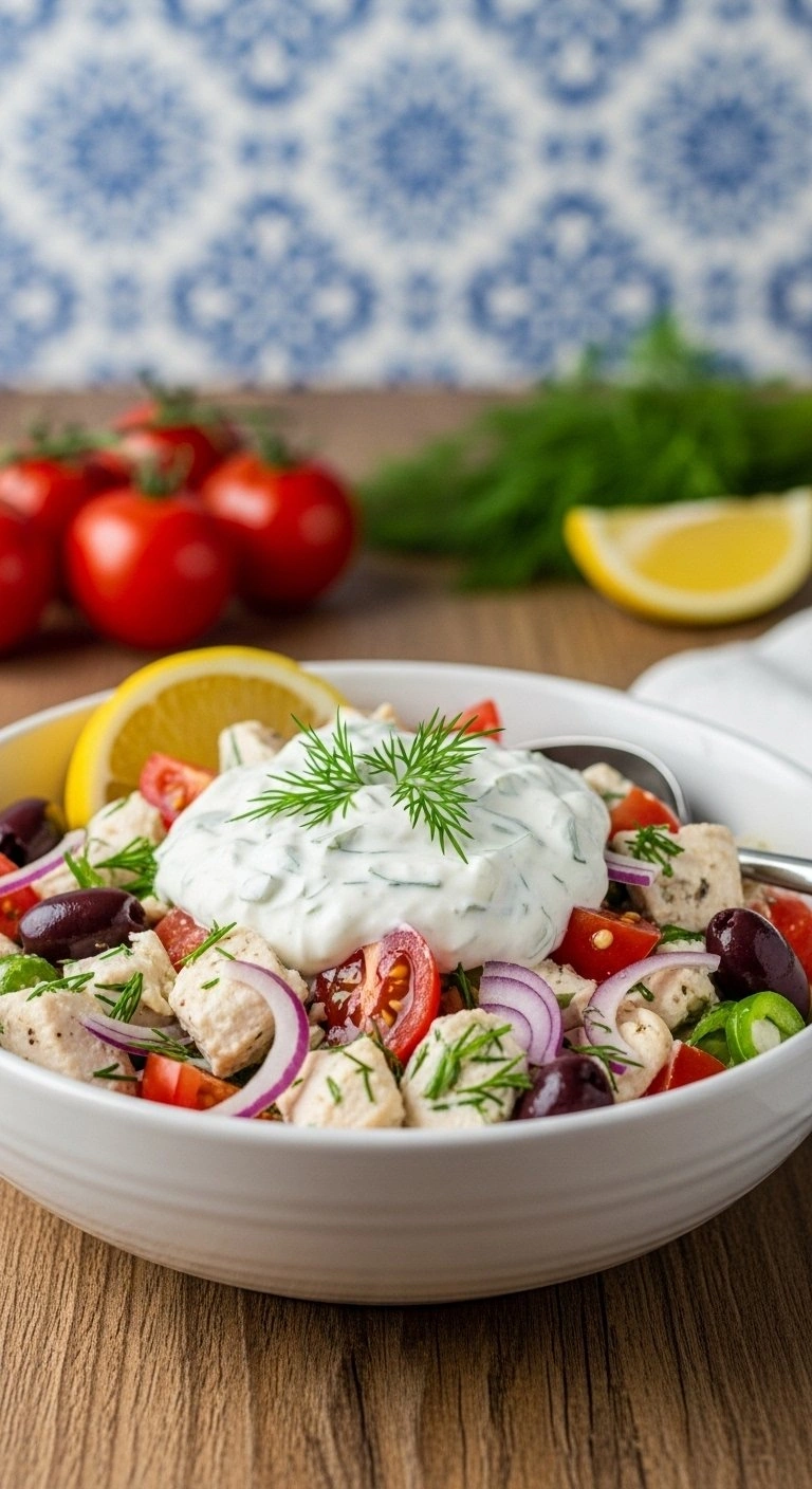 Healthy High Protein Greek Chicken Salad With Creamy Tzatziki, Olives, And Tomatoes Served On A Rustic Wooden Table.