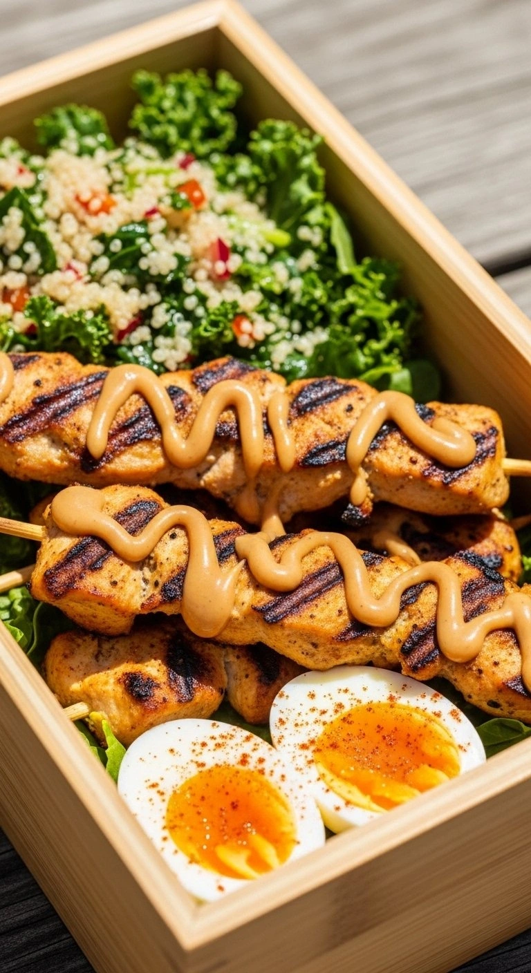 Healthy High-Protein Bamboo Food Box With Grilled Chicken Skewers, Quinoa Salad, And Boiled Eggs In A Nature Setting.