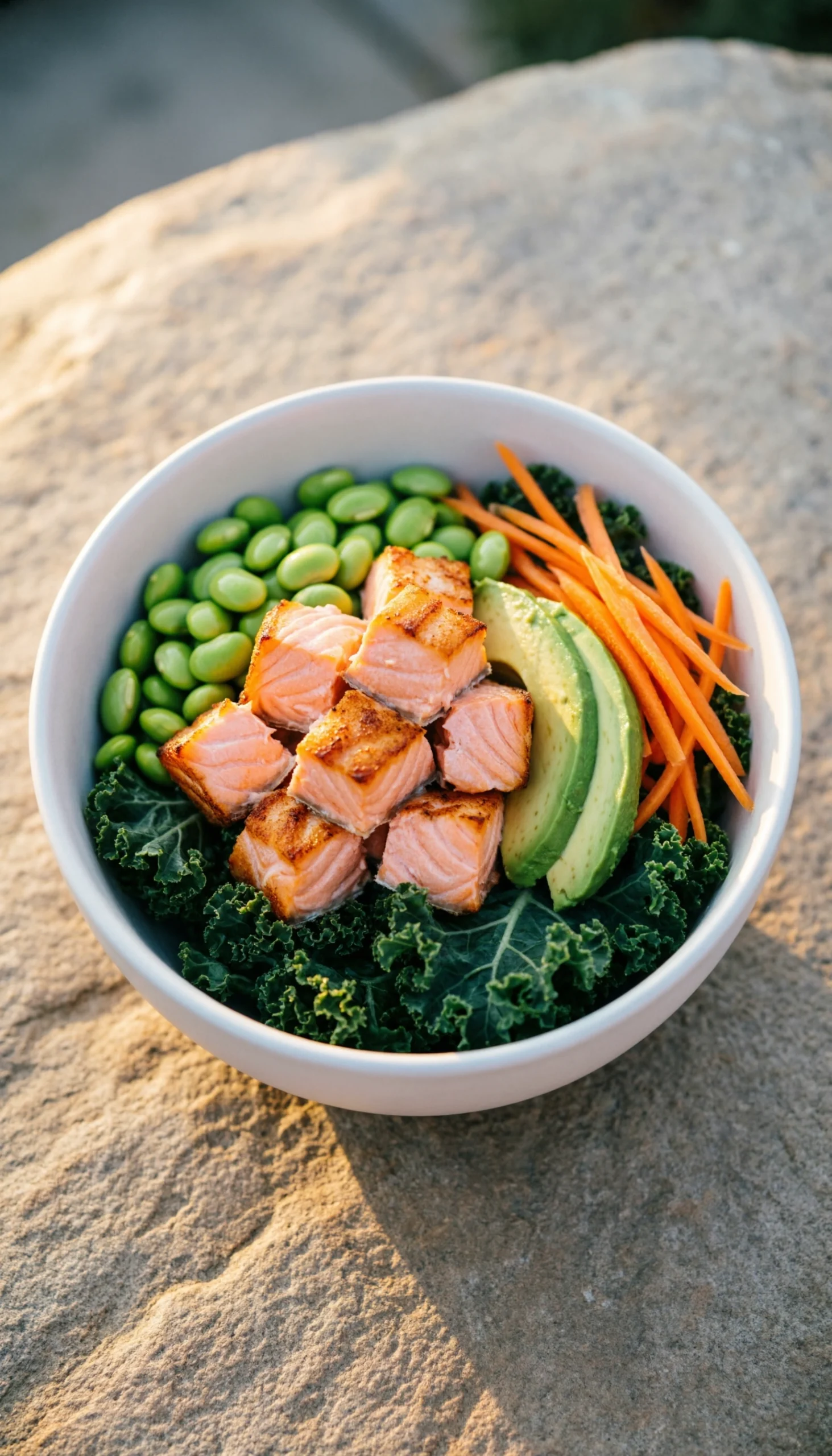 Healthy Salmon Power Bowl Featuring Roasted Salmon, Edamame, Avocado, Shredded Carrots, And Dark Leafy Kale.