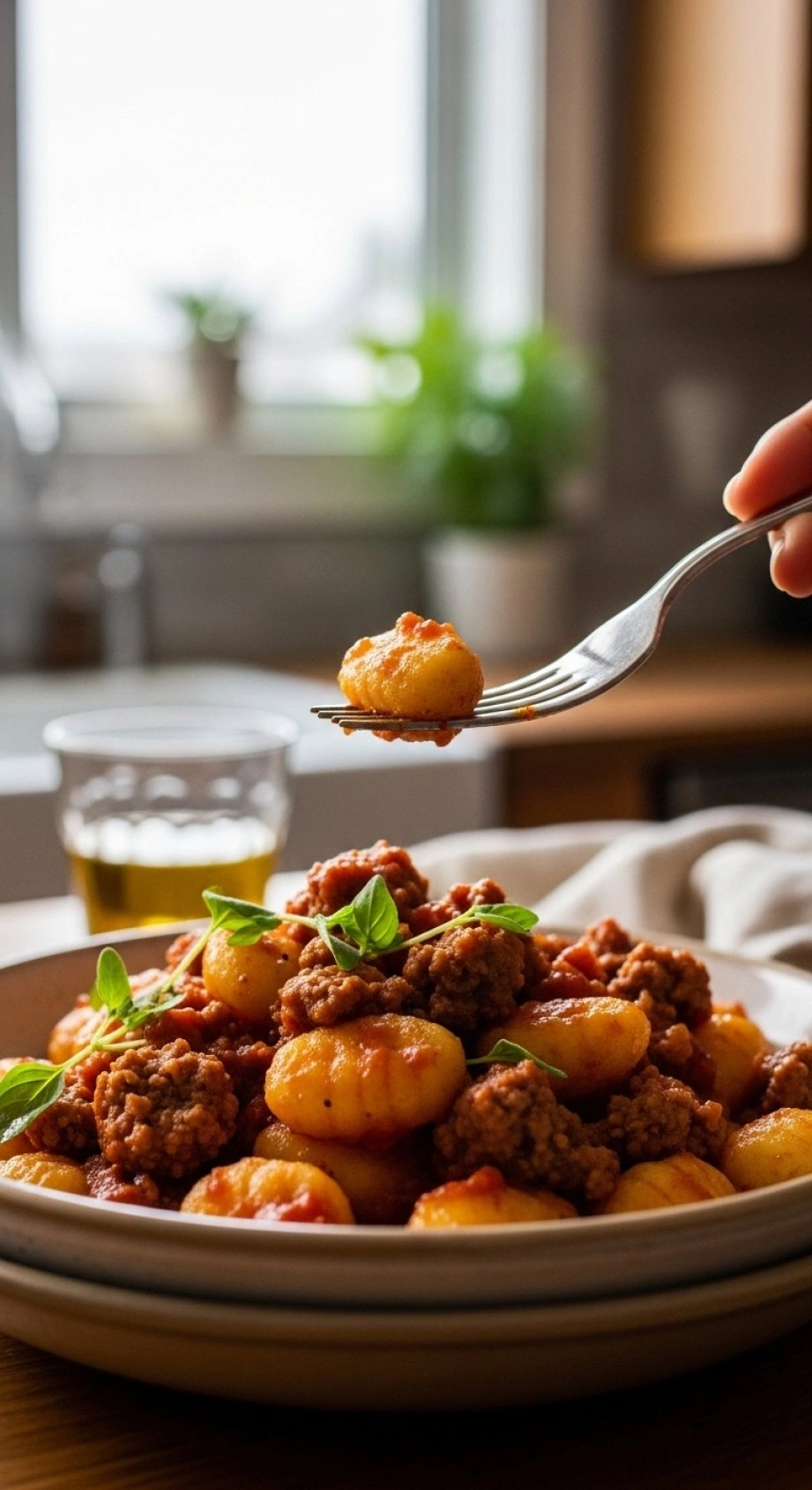 Hearty Millionaire Gnocchi With Crumbled Italian Sausage In A Rich Tomato Sauce, Garnished With Fresh Oregano In A Rustic Bowl.