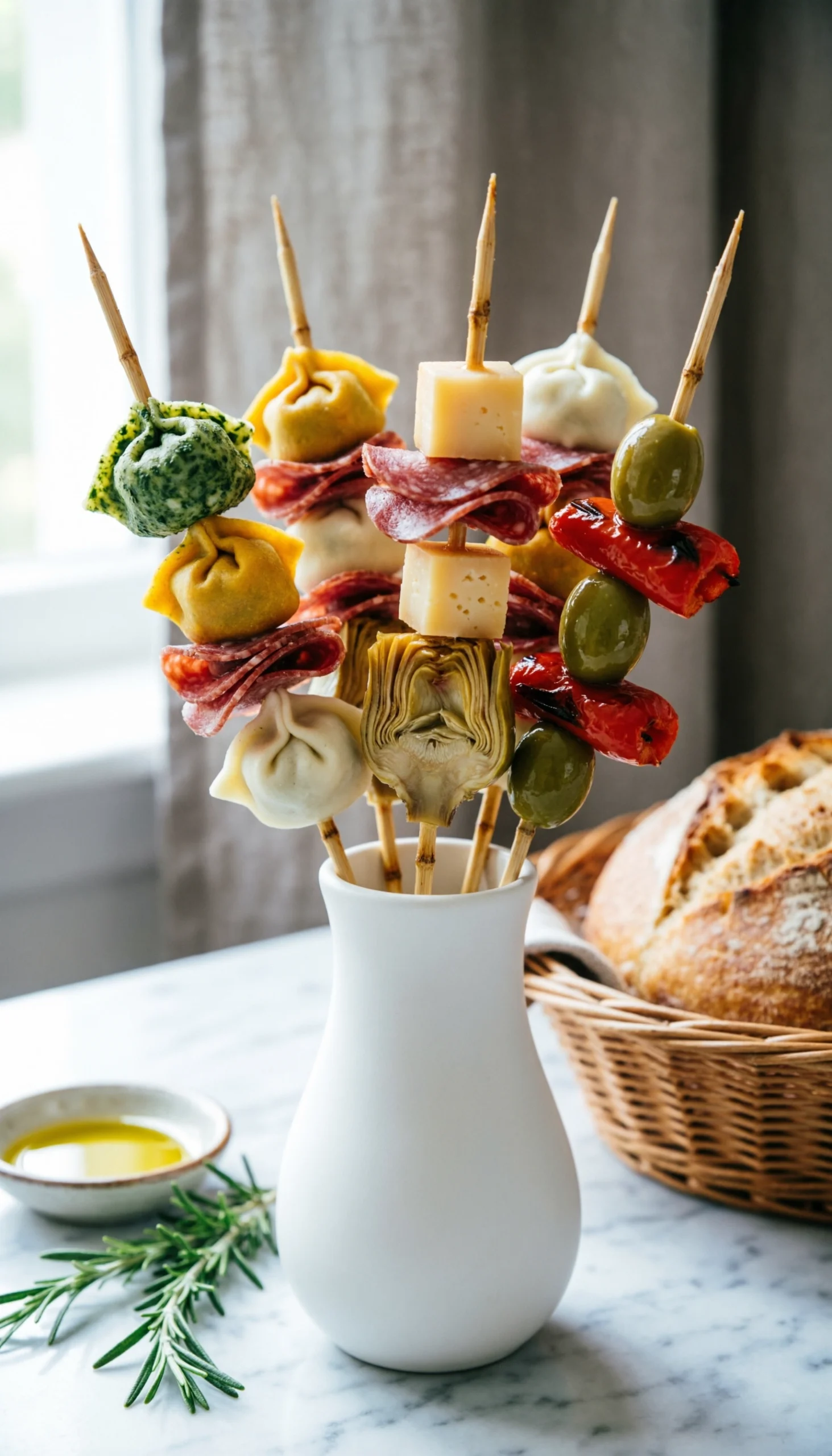 Hearty Tortellini Antipasto Skewers With Salami, Provolone, And Artichokes Arranged On A White Marble Countertop.