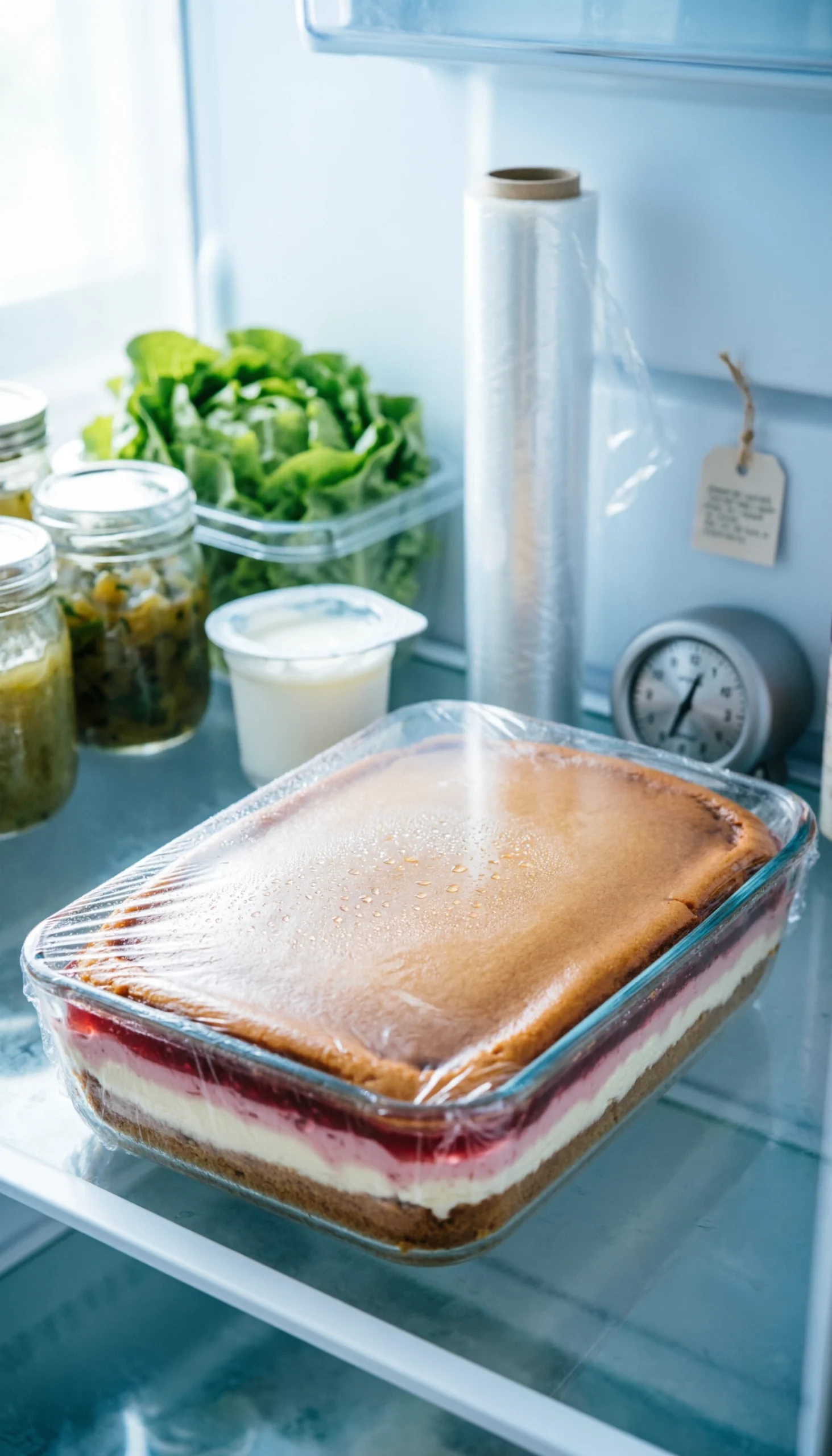 Heaven On Earth Cake In A Covered Baking Dish Chills On A Refrigerator Shelf With Condensation, Ready For Serving.