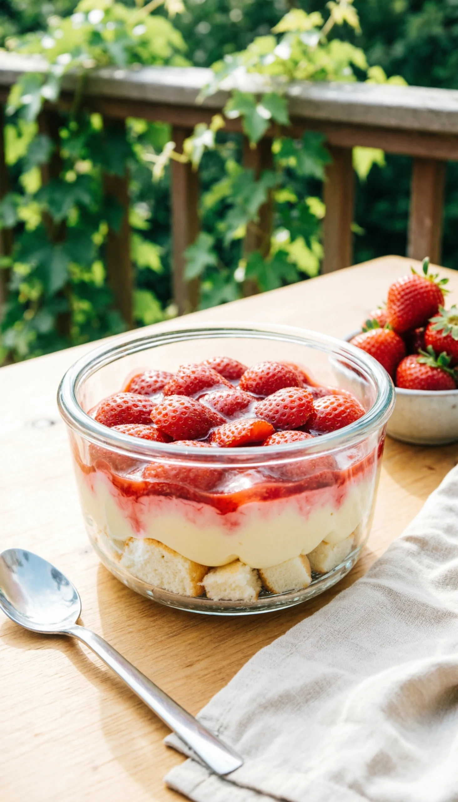 Heaven On Earth Cake, Layered With Angel Food, Vanilla Pudding, And Vibrant Strawberry Filling, Displayed In A Clear Trifle Bowl.