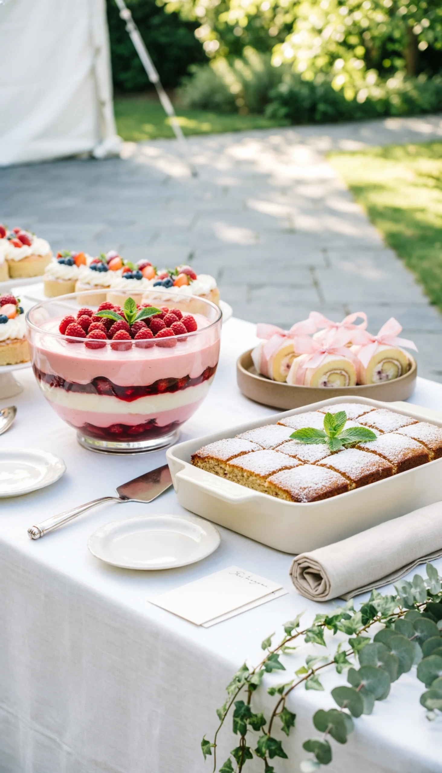 Heaven On Earth Cakes In Various Serving Dishes Are Artfully Arranged On A White Linen Buffet Table For A Large Event.
