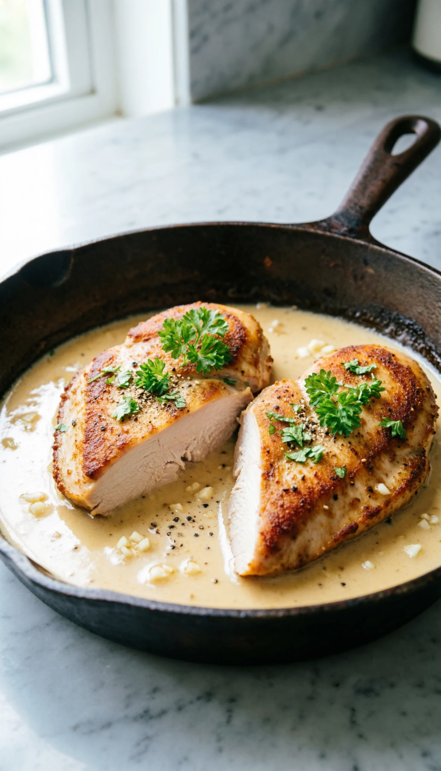 Hyperrealistic Photo Of Golden-Brown Chicken Breasts In A Rustic Cast Iron Skillet With Creamy Garlic Parmesan Sauce And Fresh Parsley.