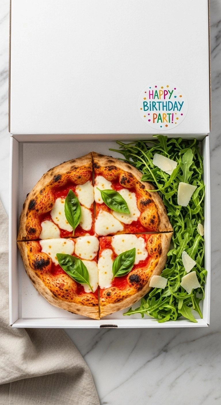Individual Sourdough Pizza Birthday Party Box With Fresh Basil, Mozzarella, And Arugula Salad On A Marble Counter.