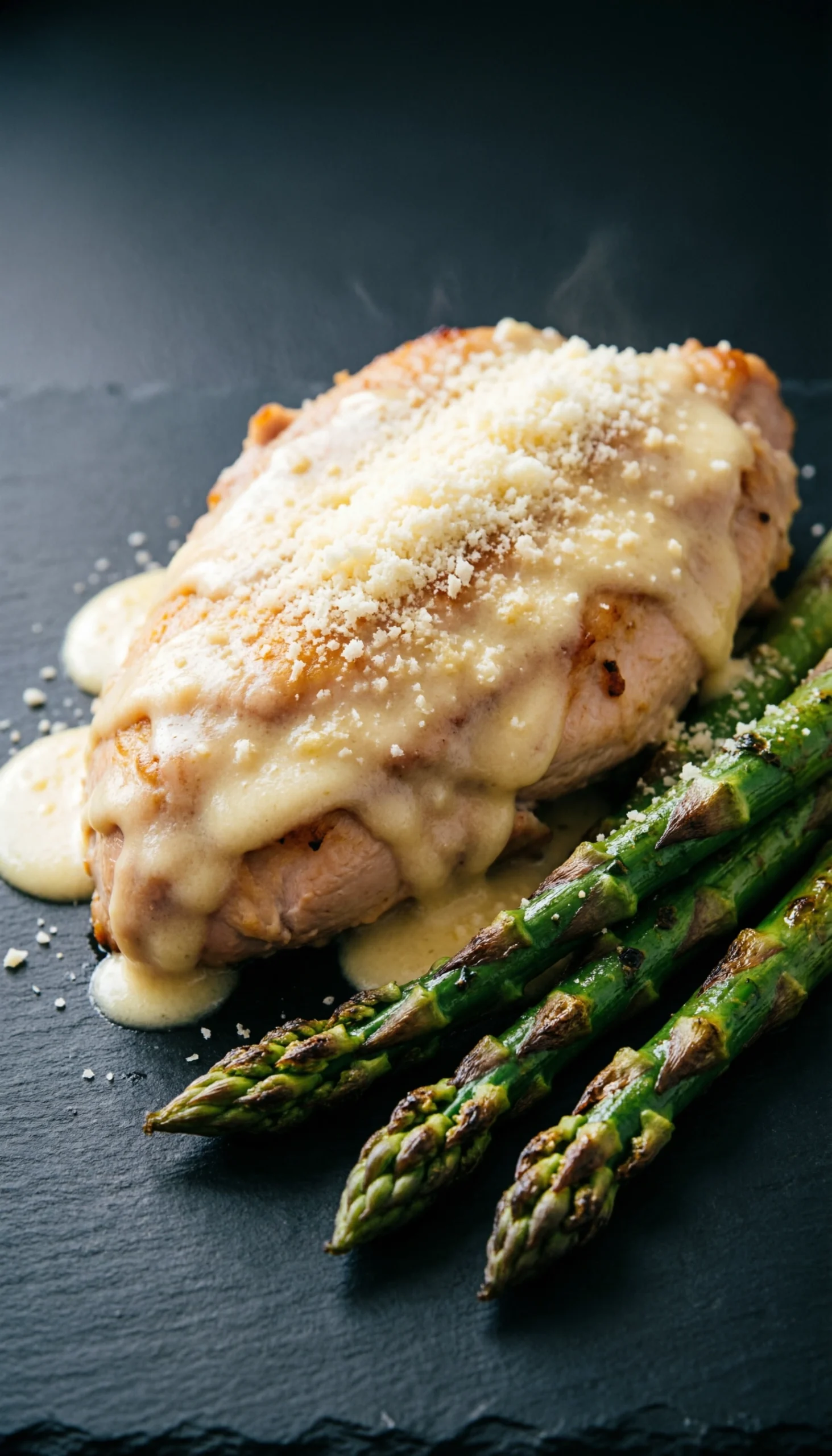 Keto-Friendly Garlic Parmesan Chicken With Rich Cheese Sauce And Vibrant Roasted Asparagus On A Dark Slate Surface.
