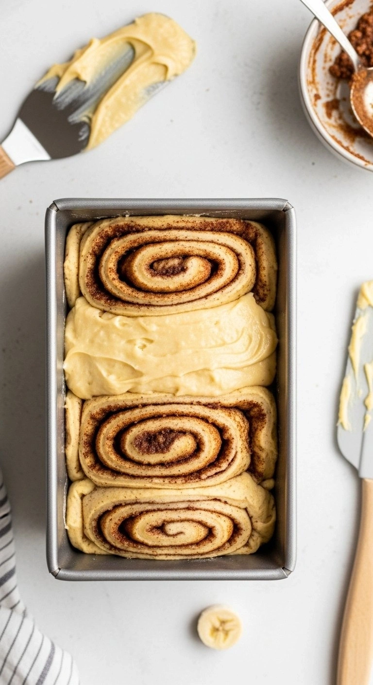 Layered Banana Bread Batter With Cinnamon Sugar Swirl In A Silver Loaf Pan Prepared For The Oven In A Kitchen.