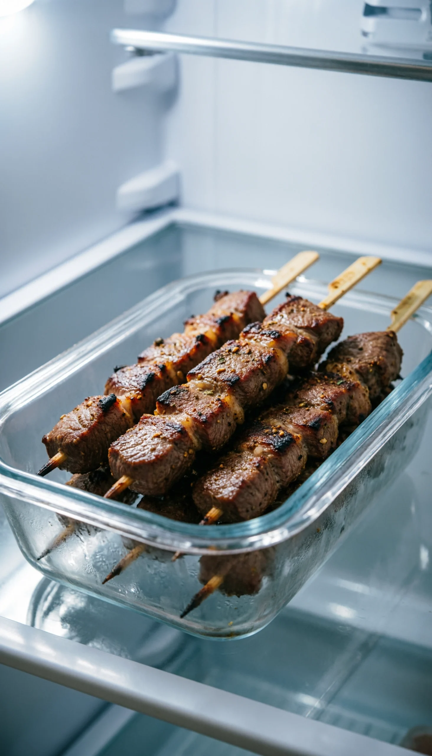 Leftover Pork Skewers Are Neatly Packed In A High-Quality Glass Container, Stored On A Clean Fridge Shelf, Representing Efficient Food Storage.