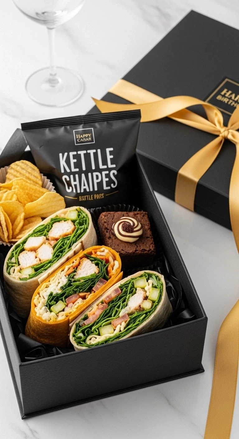 Luxury Birthday Boxed Lunch With Gourmet Wraps And A Brownie In A Chic Black Matte Container With A Gold Ribbon.