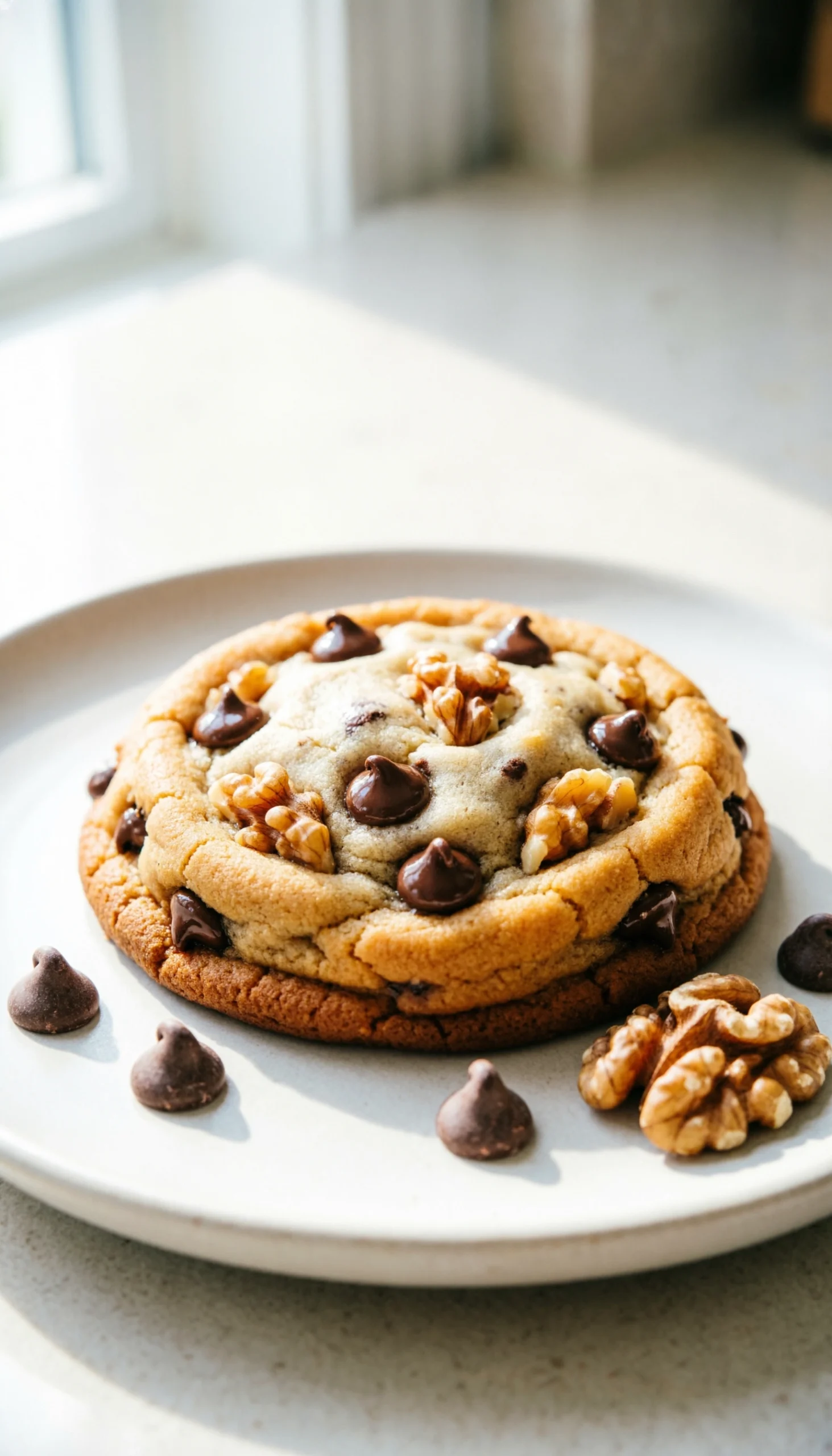 Macro Close-Up Of A Chewy Banana Bread Cookie With Walnuts And Semi-Sweet Chocolate Chips On A White Ceramic Plate.