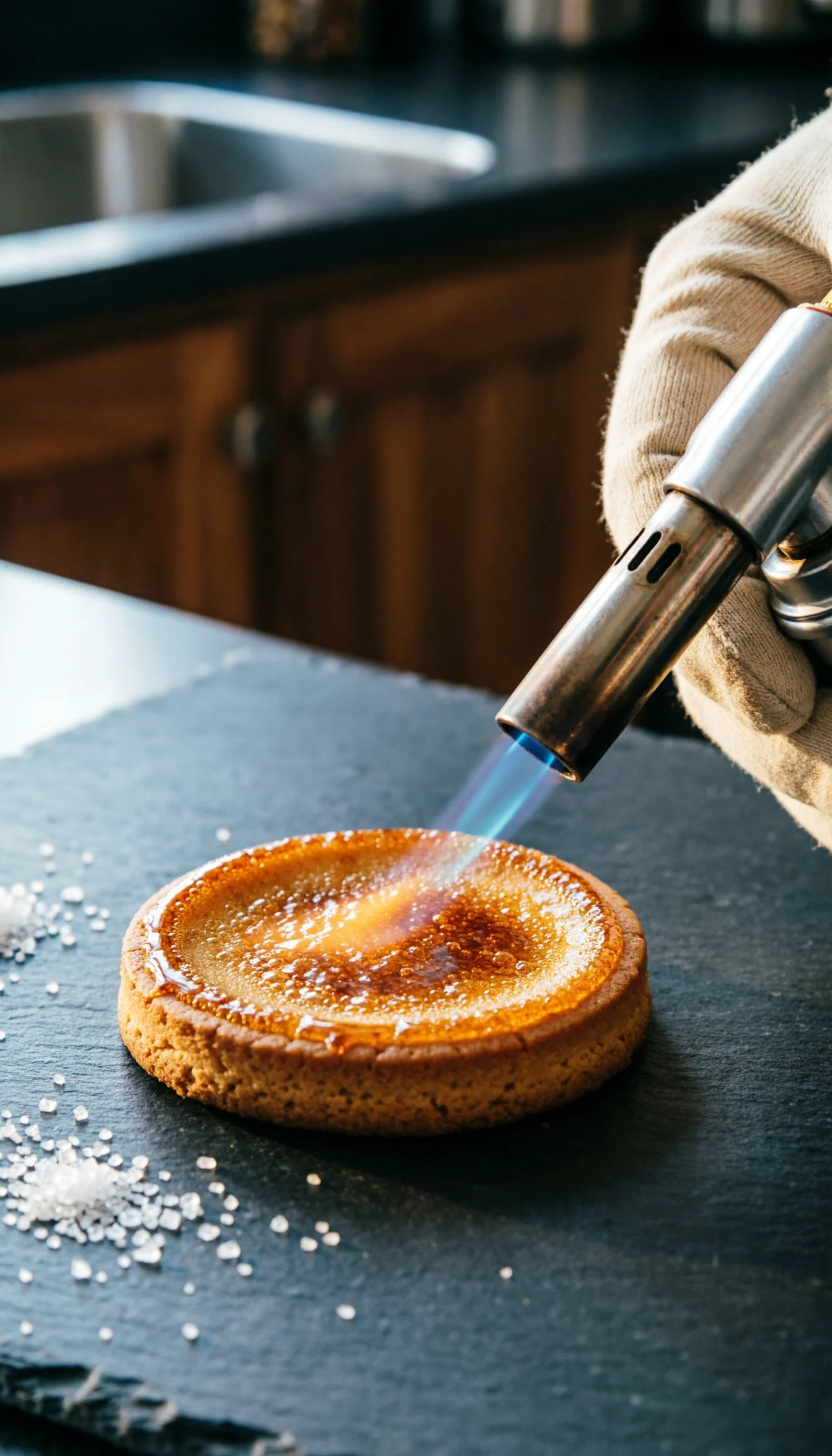Macro Shot Of A Kitchen Torch Caramelizing The Crackly Sugar Topping On A Crème Brûlée Cookie Over A Dark Slate.