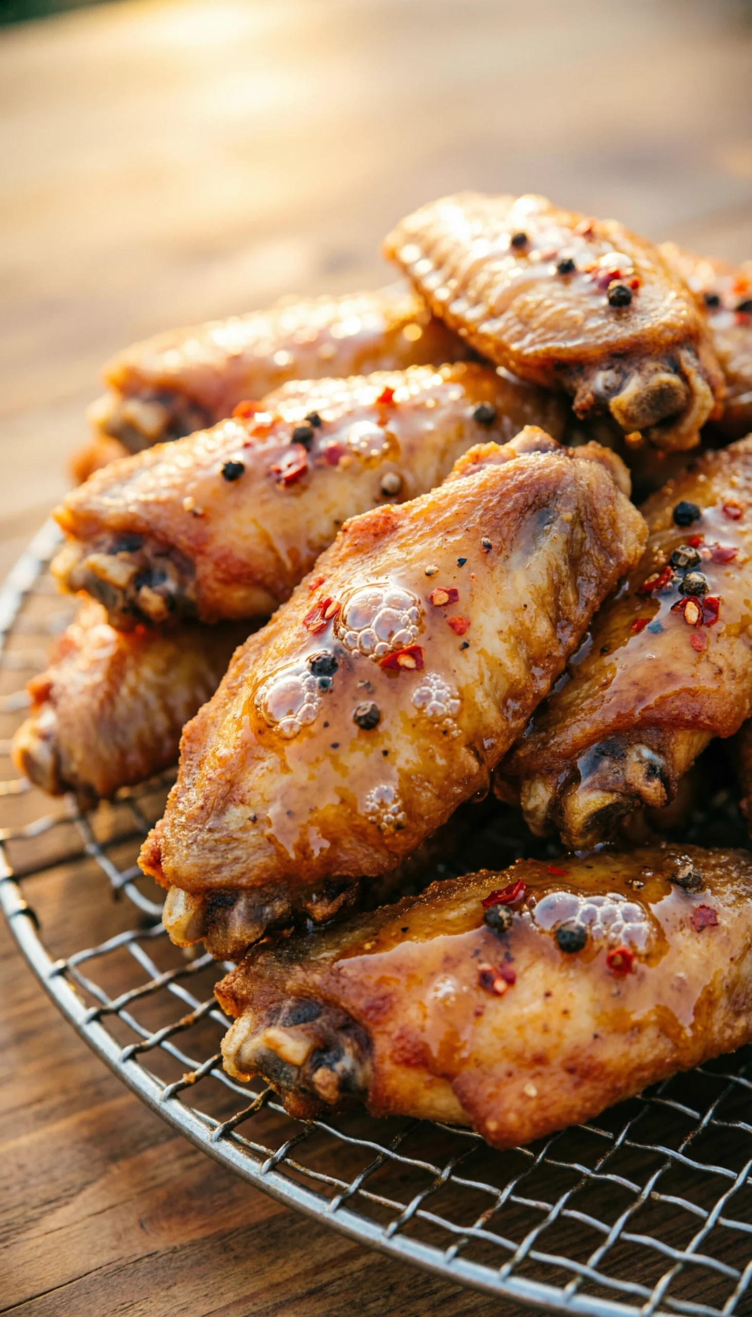Macro Shot Of Crispy Baked Chicken Wings On A Wire Rack, Dripping With Bubbly Pineapple Bourbon Glaze, Black Pepper, And Chili Flakes.