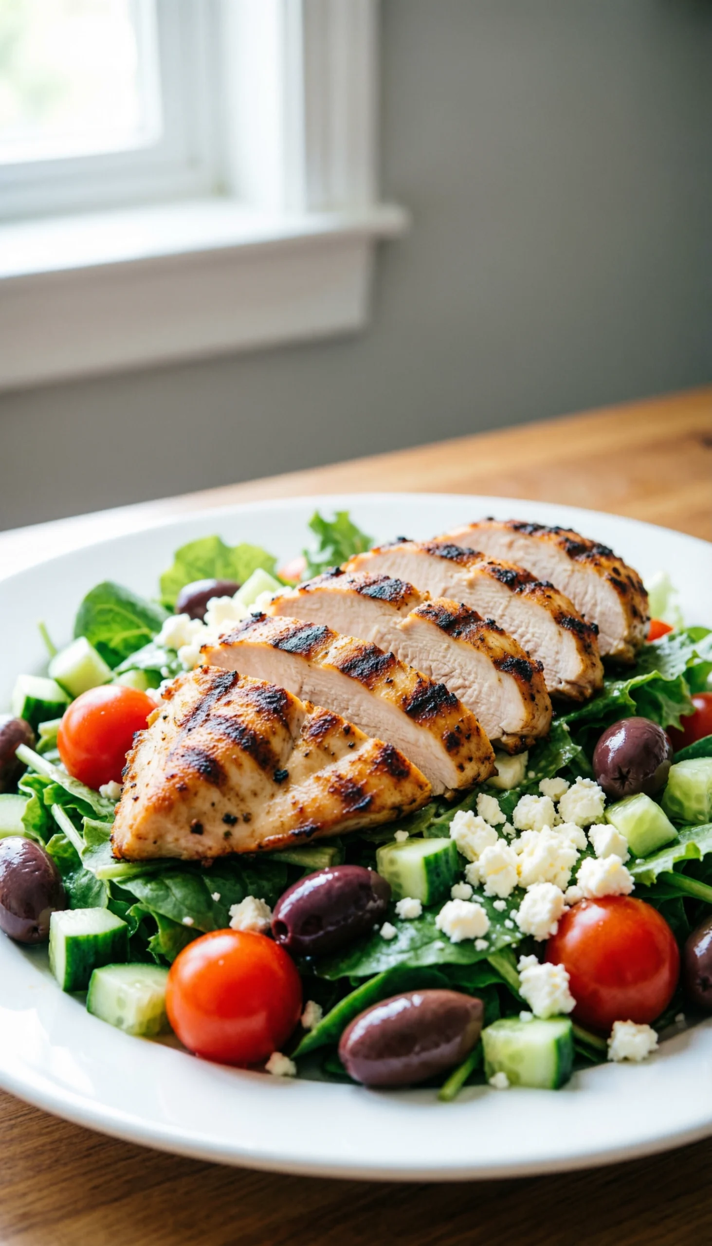 Magazine-Quality Mediterranean Grilled Chicken Salad Featuring Seared Chicken Breast, Mixed Greens, Cherry Tomatoes, Kalamata Olives, Cucumbers, And Crumbled Feta.