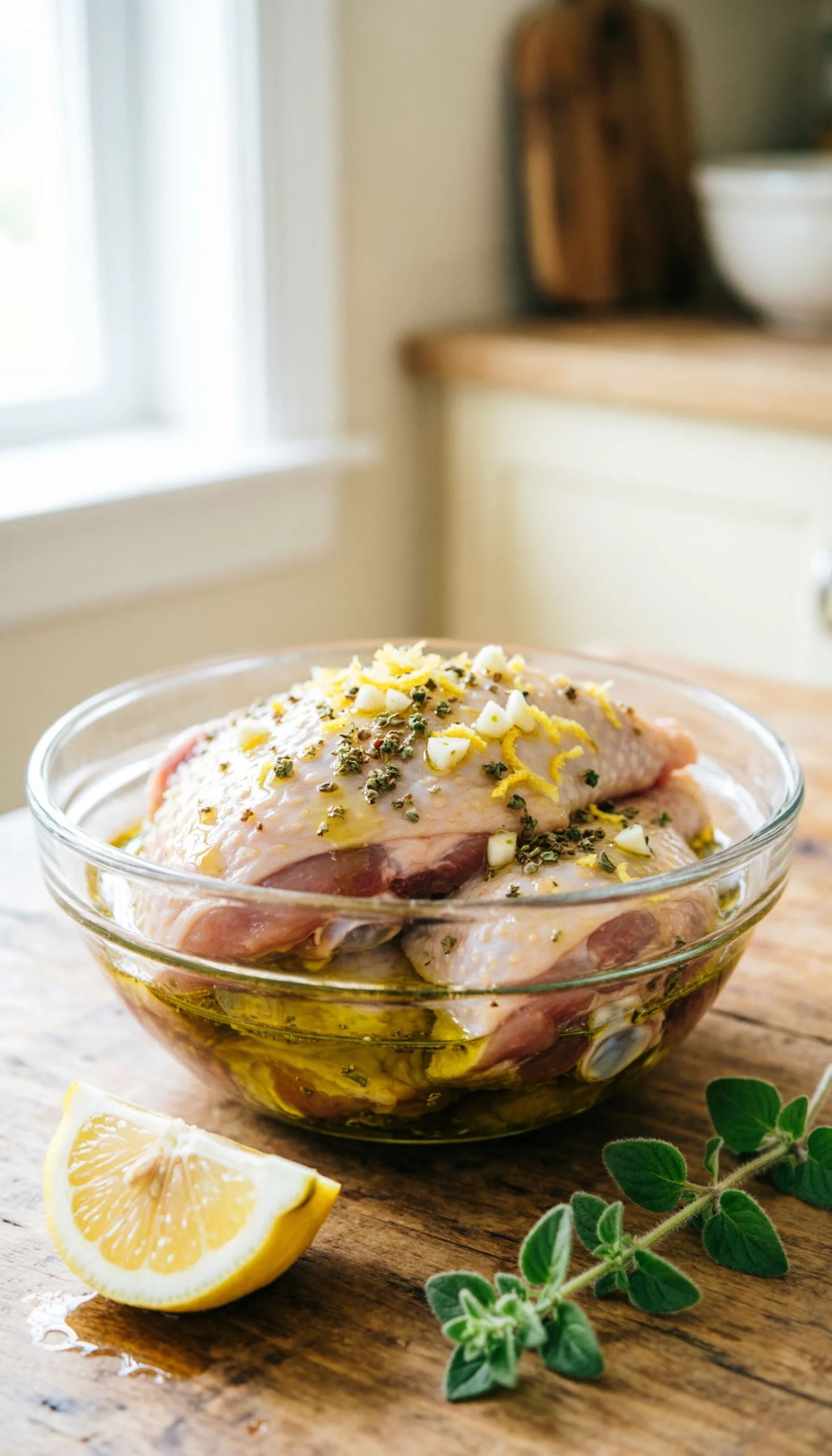 Marinated Raw Boneless Chicken Thighs With Olive Oil, Garlic, Oregano, And Lemon Zest In A Glass Bowl On A Rustic Wooden Table.