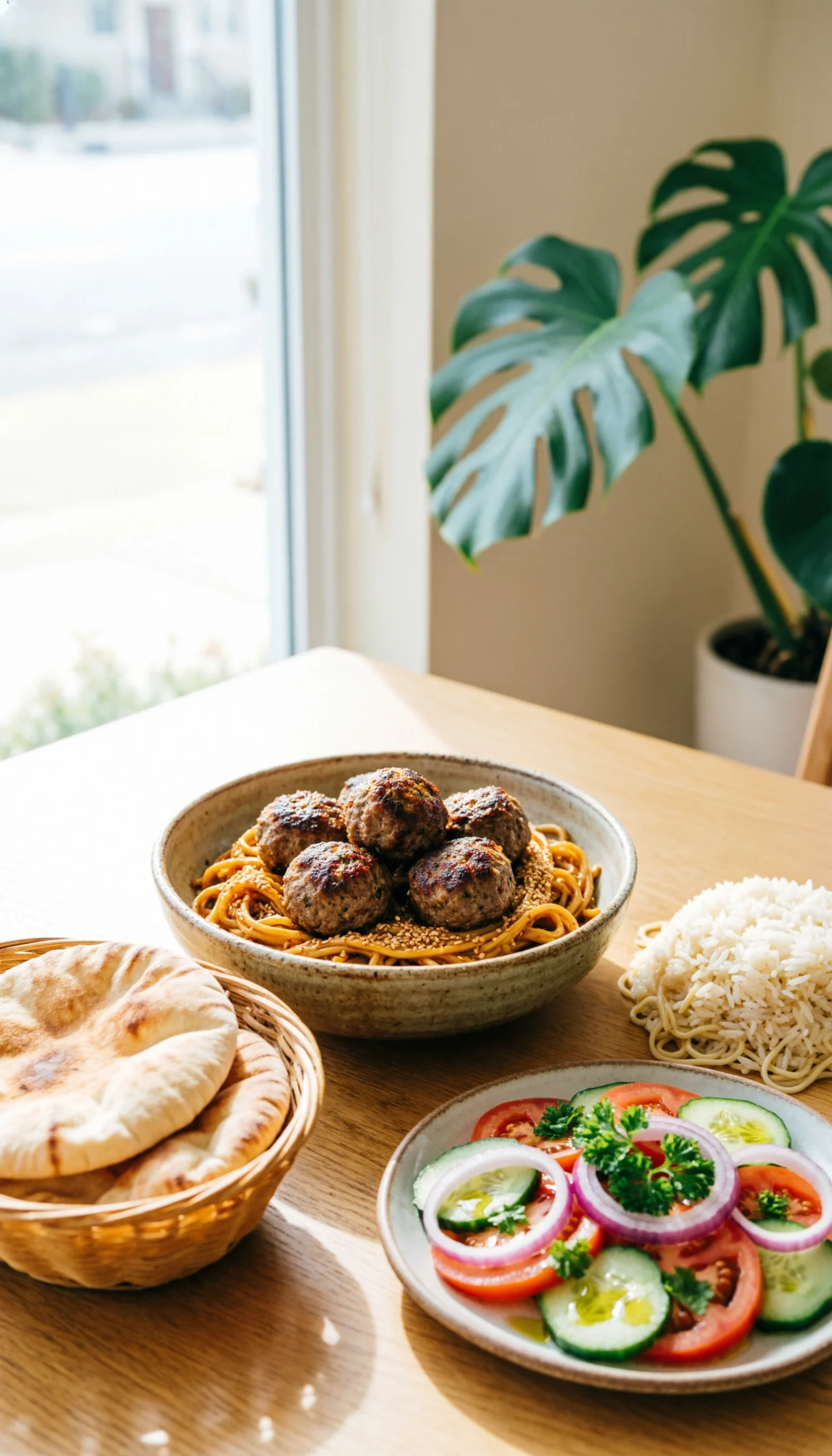 Mediterranean Meal Spread Featuring Tahini Kofta, Pita Bread, Vermicelli Rice, And Fresh Tomato Cucumber Salad.