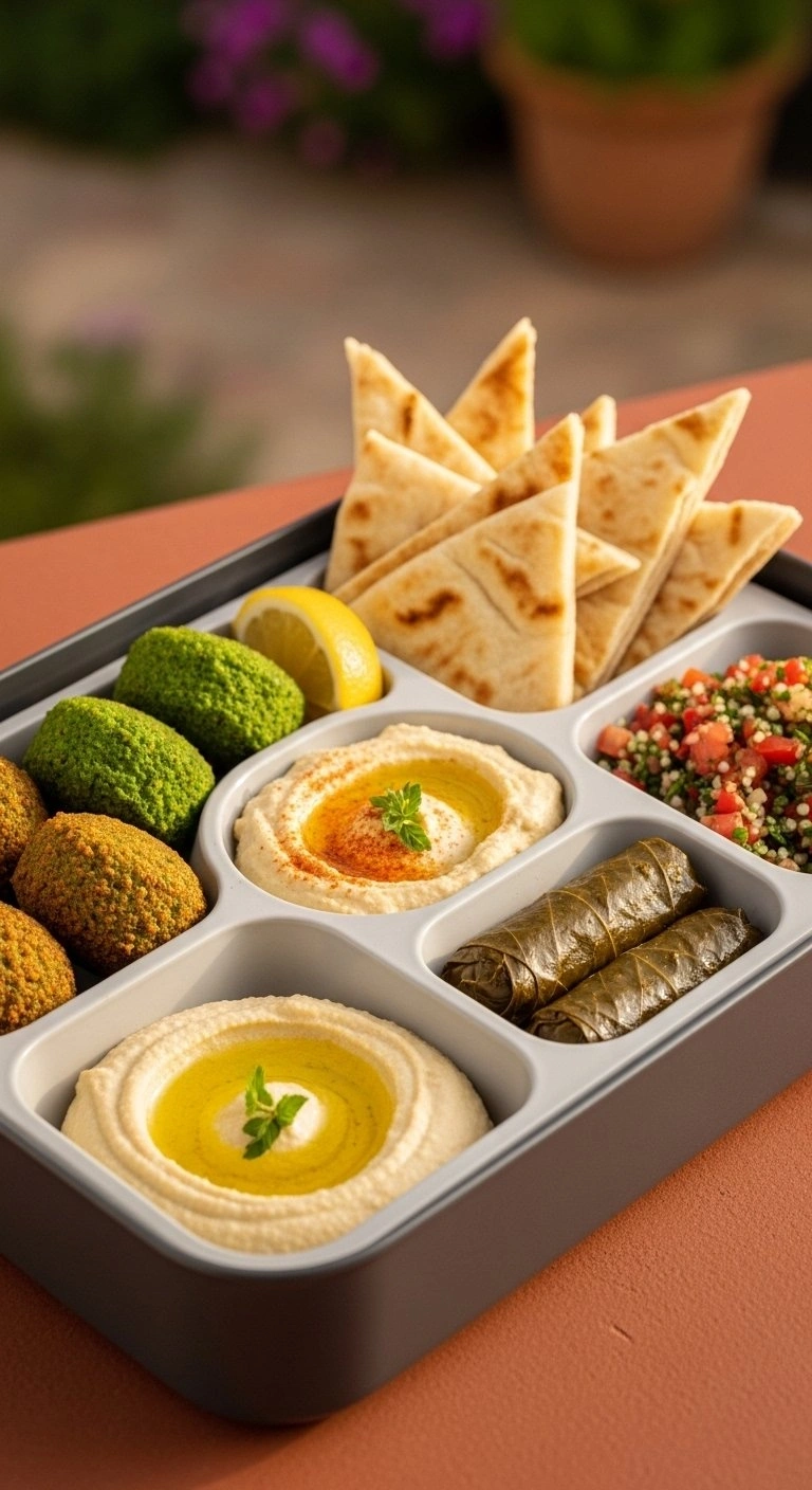 Mediterranean Meze Food Box Featuring Falafel, Hummus, And Warm Pita Bread In A Lush, Warm Outdoor Garden Setting.