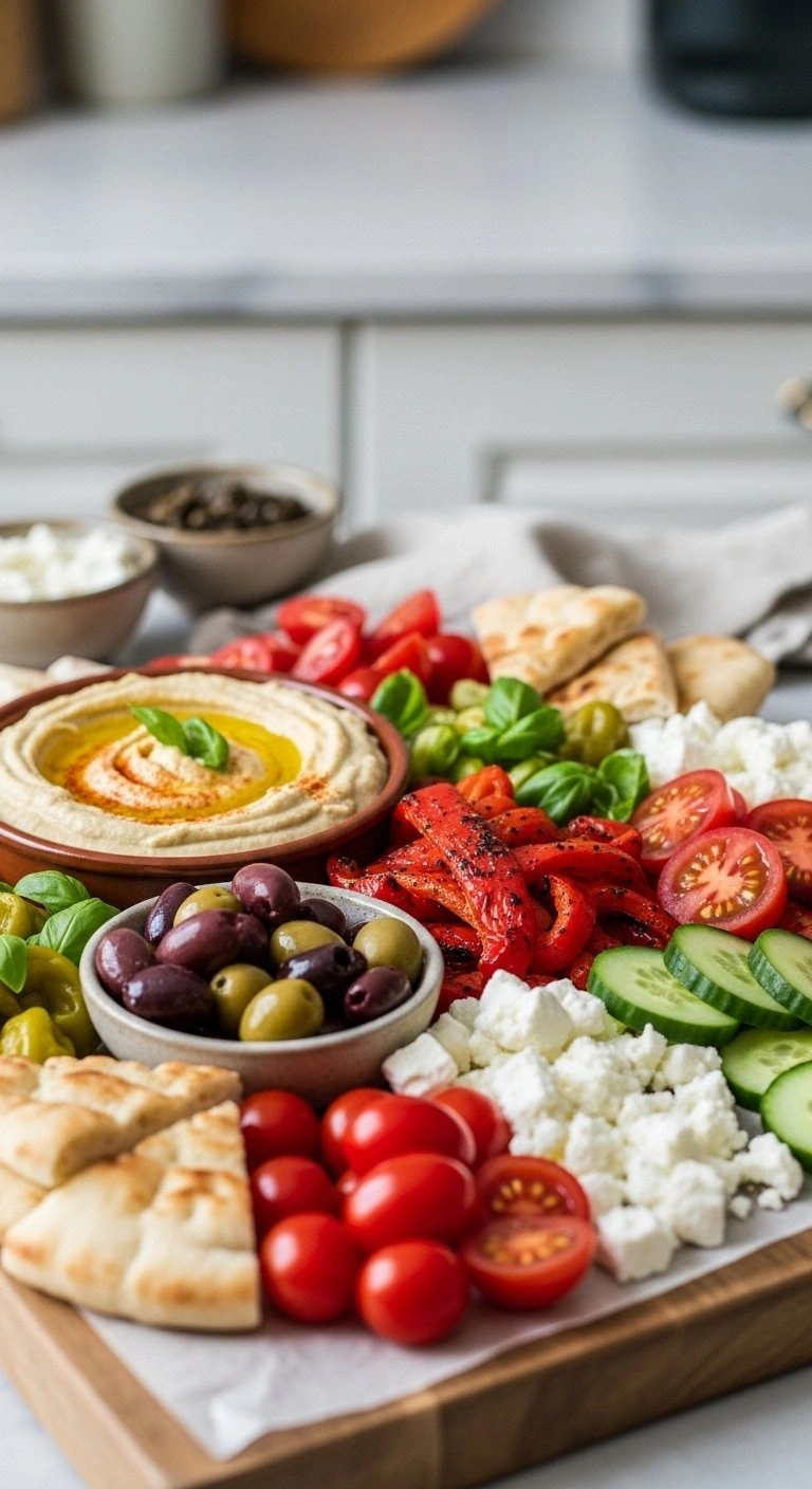 Mediterranean Mezze Board With Creamy Hummus, Pita Bread, Olives, And Fresh Vegetables On A Rustic Wooden Platter.