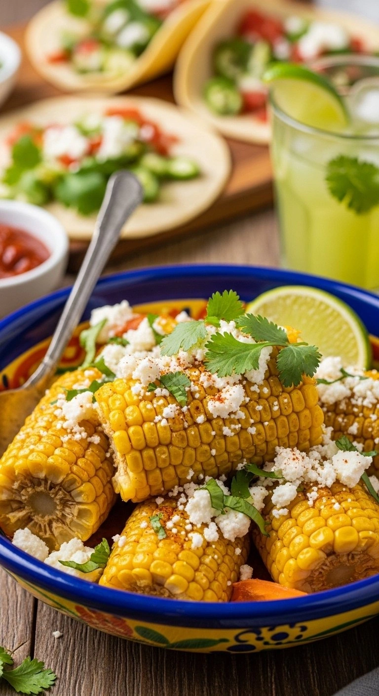 Mexican Street Corn Bowl Topped With Cotija Cheese, Cilantro, And Chili Powder Served With A Lime Wedge.