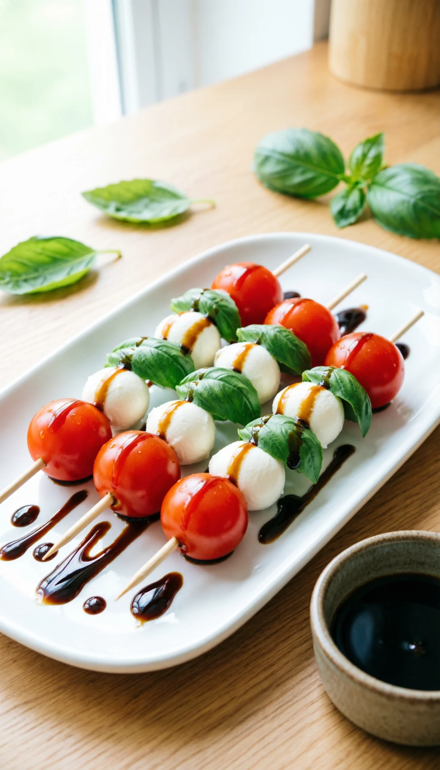 Mini Caprese Skewers With Fresh Mozzarella, Cherry Tomatoes, And Basil Drizzled With Balsamic Glaze On A White Platter.
