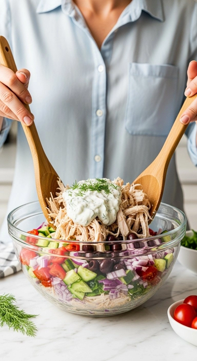 Mixing Shredded Chicken And Mediterranean Vegetables With Creamy Tzatziki Dressing In A Large Bowl On Marble.