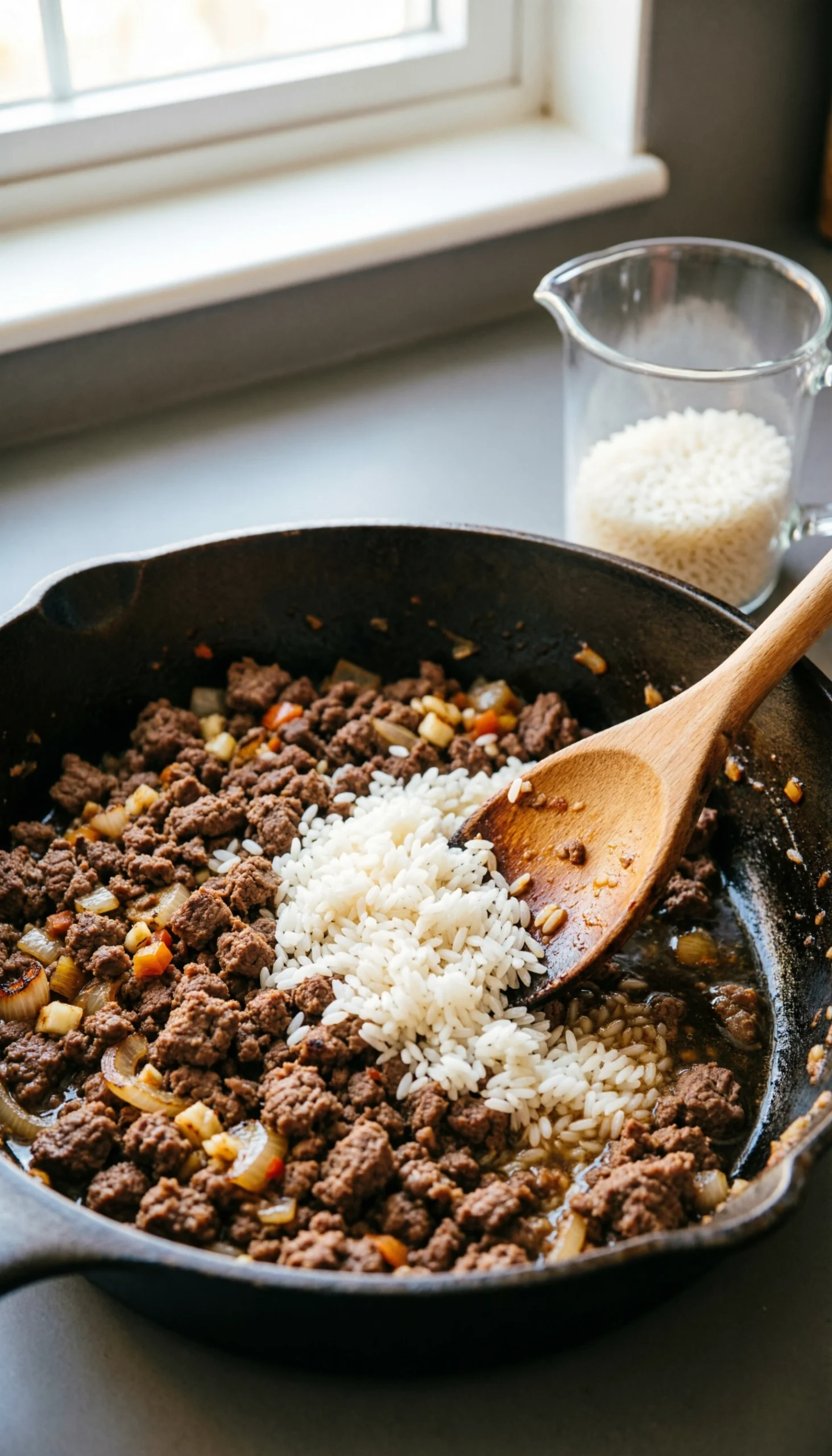 Mixing Uncooked Long-Grain White Rice Into Savory Browned Ground Beef And Onions In A Seasoned Cast Iron Skillet.