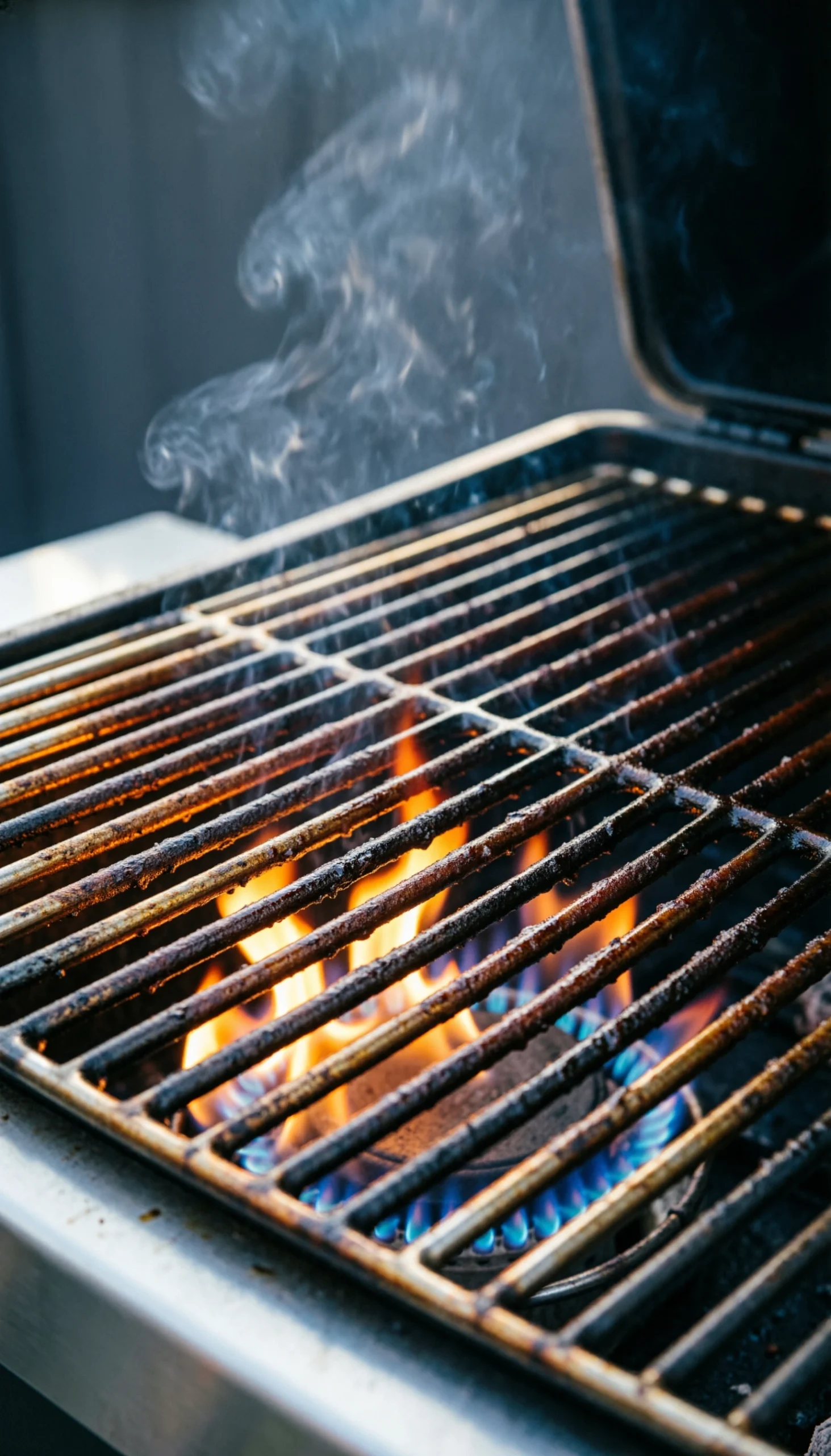 Modern Gas Grill Grate With Flickering Orange And Blue Flames Below, Showcasing Clean Seasoned Metal Grates In A Dramatic, Warm Light.