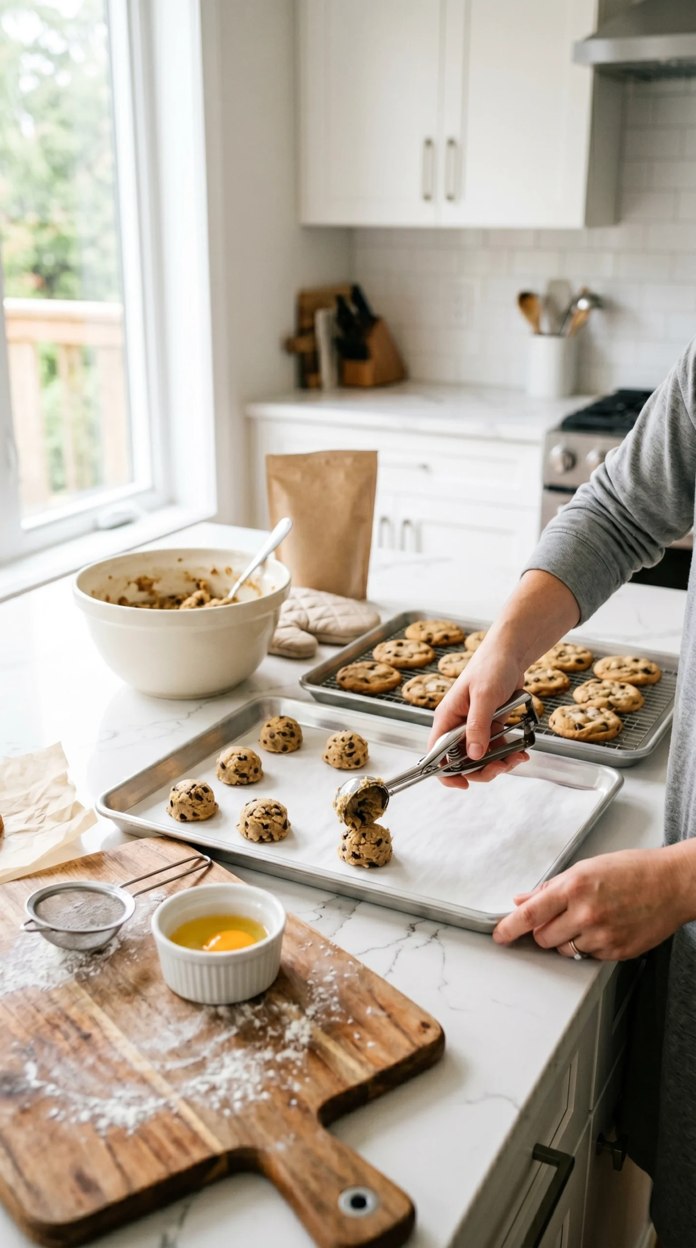Testing Setup Showing The Baking Sheet Inside A Home Oven With An Oven Thermometer And A Freshly Baked Batch Of Cookies