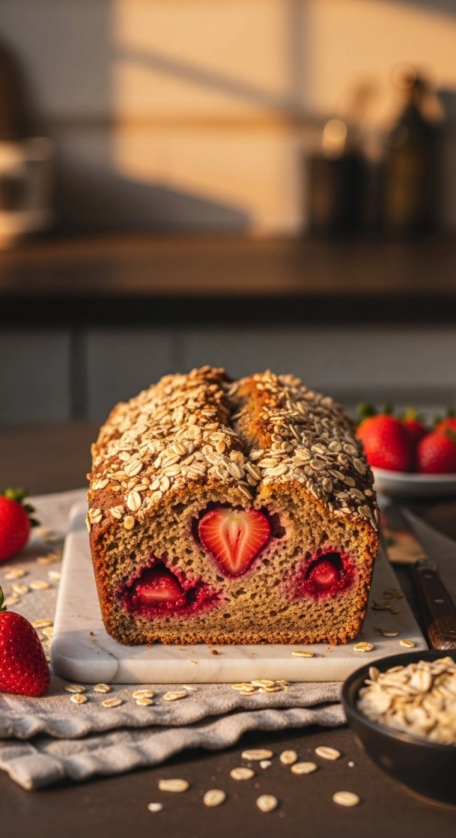 Oat-Topped Strawberry Banana Bread Loaf On A Linen Tablecloth With Fresh Strawberries In Warm Golden Hour Sunlight.