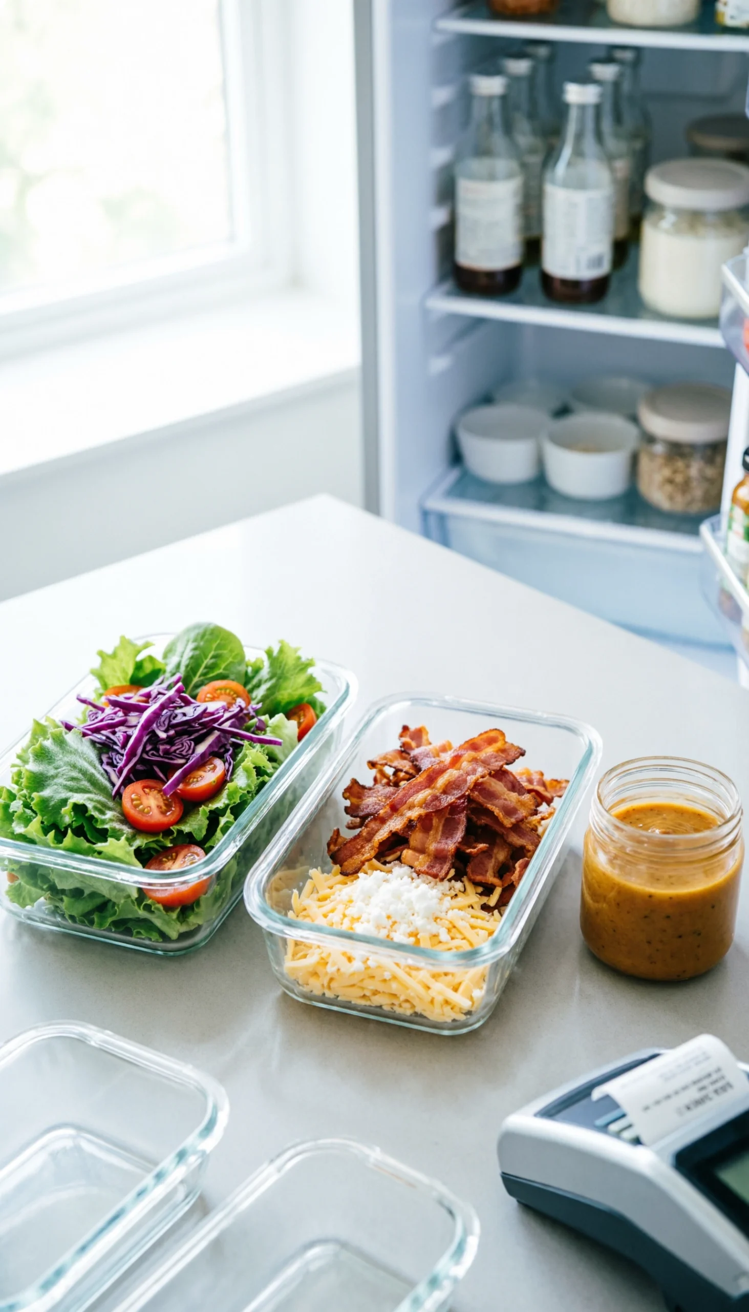 Organized Bacon Ranch Chopped Salad Components In Individual Glass Meal Prep Containers With Greens, Bacon, Cheese, And Dressing.
