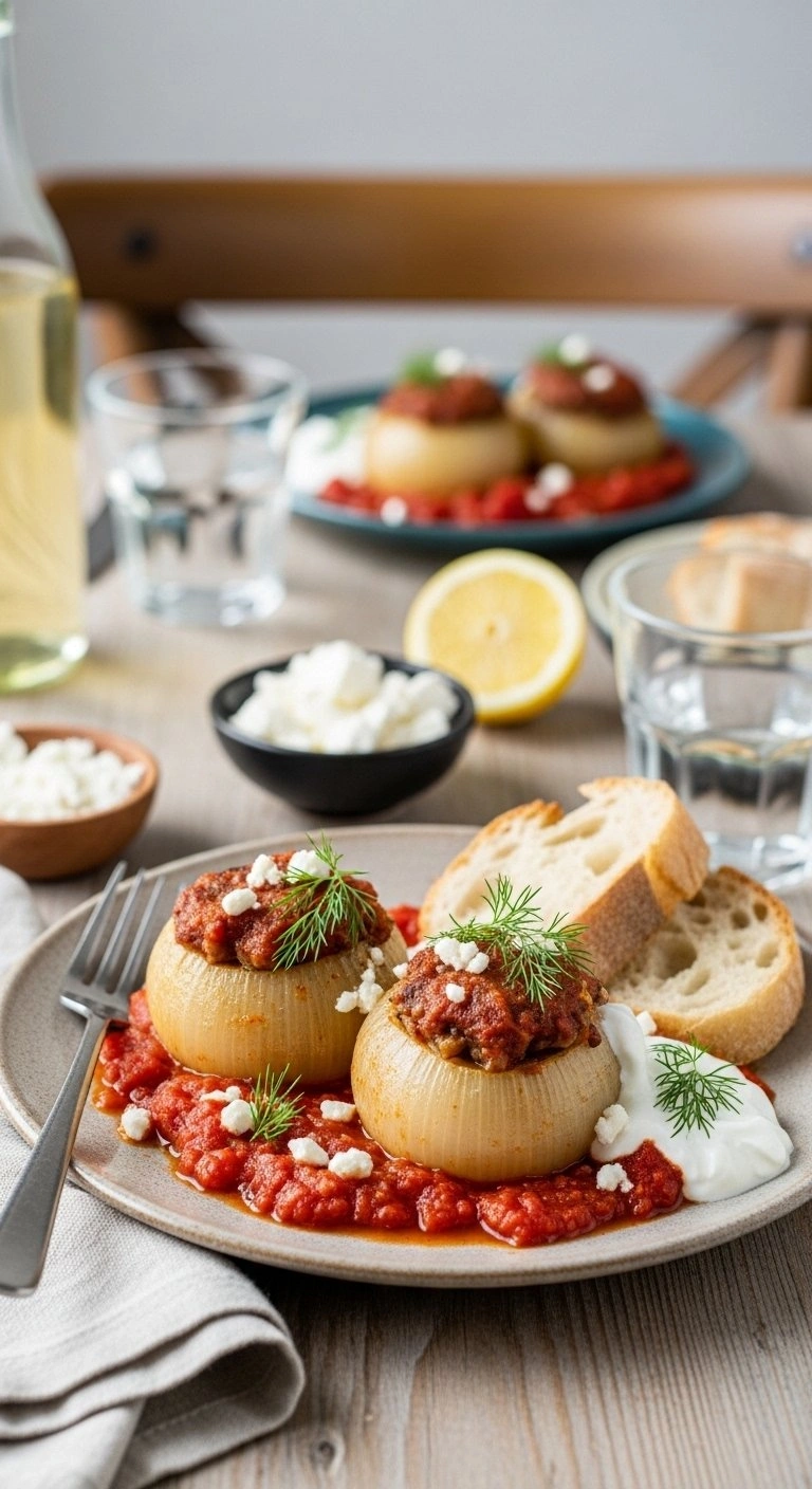 Plated Greek Stuffed Onions With Tomato Sauce And Yogurt Garnish On A Rustic Ceramic Plate With Fresh Herbs.