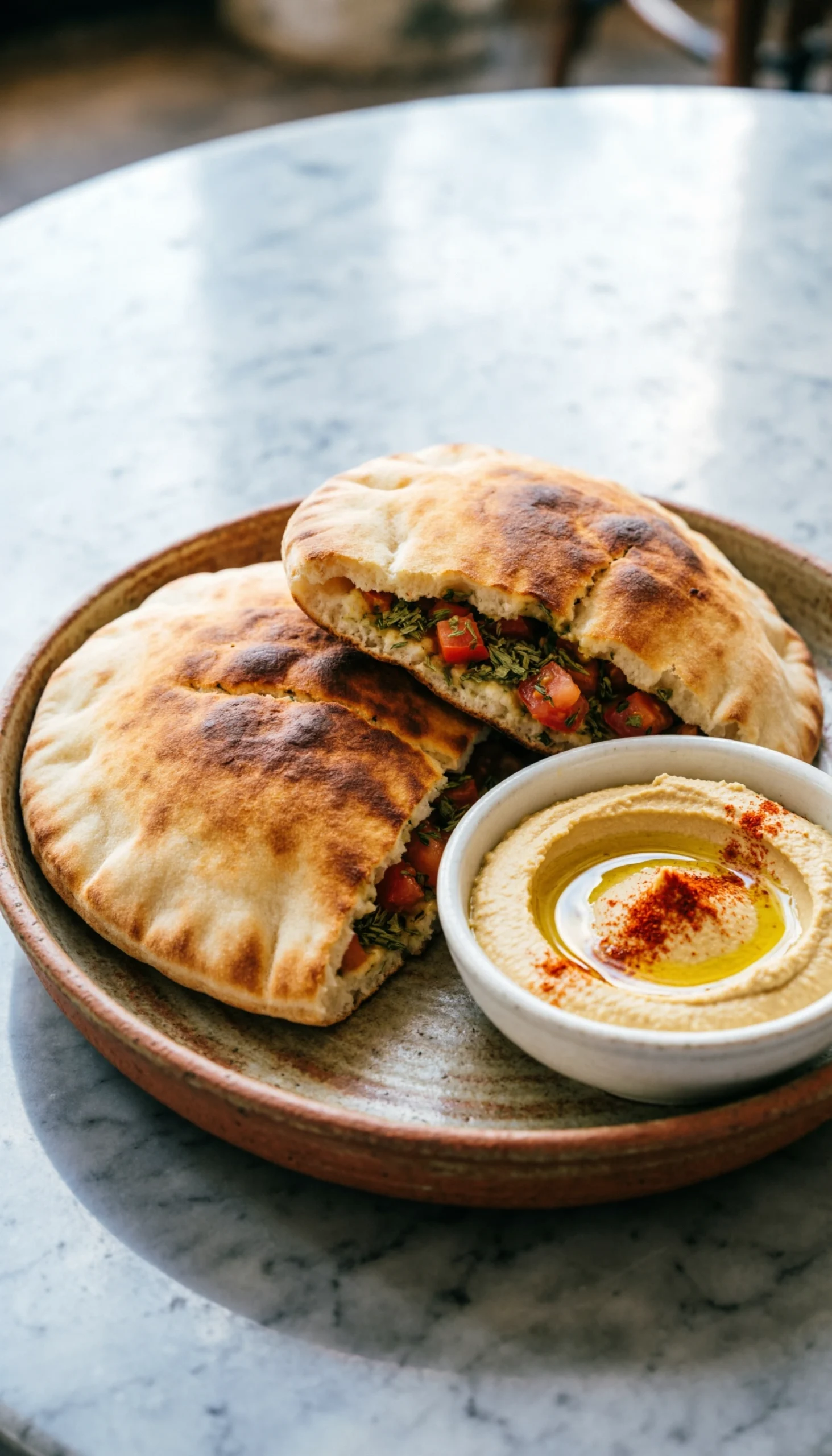 Platter With Two Delicious Stuffed Pitas And A Side Bowl Of Smooth Hummus Topped With Olive Oil And Paprika On A Marble.
