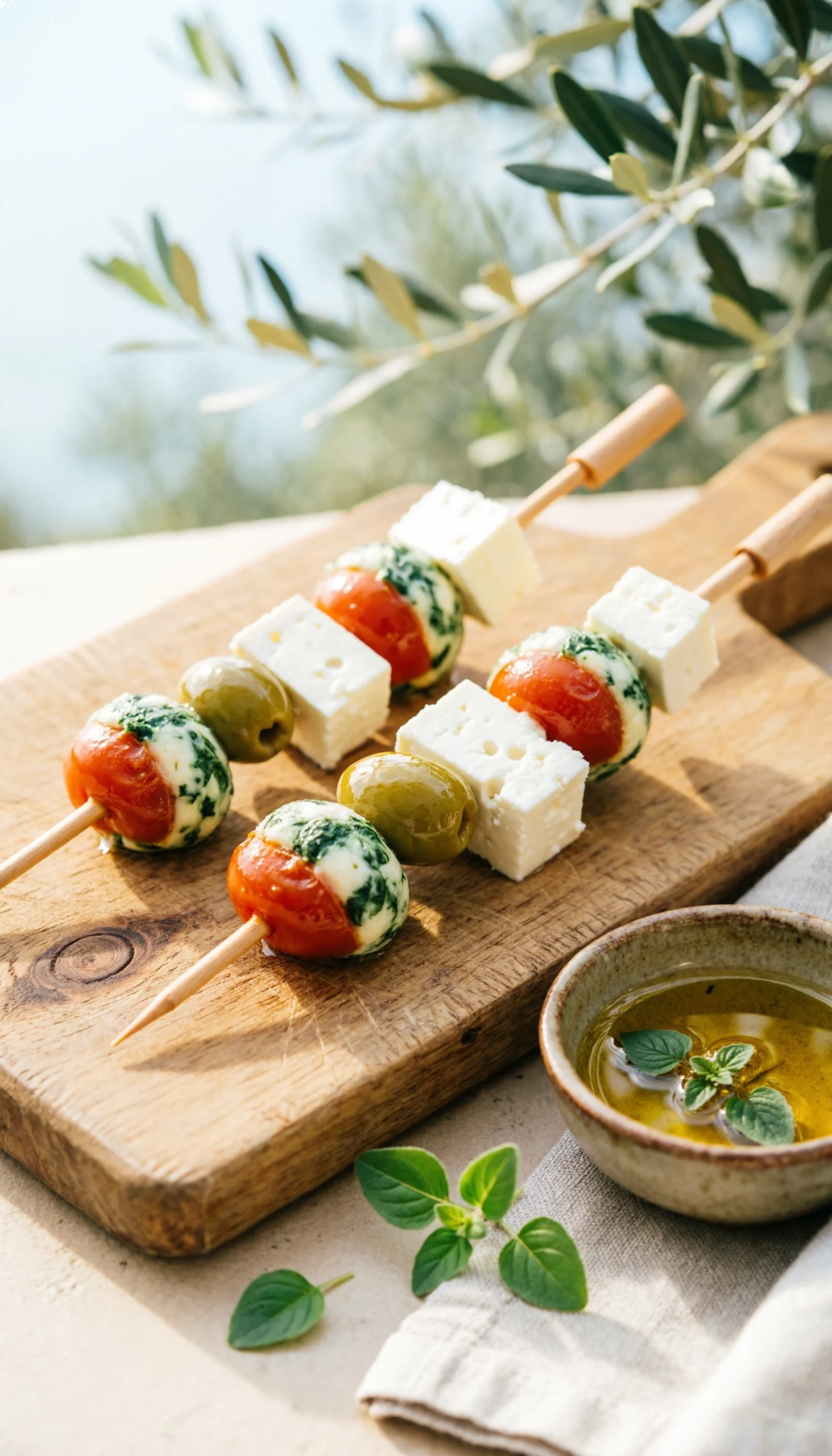 Plump Tortellini And Green Olive Picks With Feta Cheese Cubes On A Rustic Wooden Board In A Natural Outdoor Setting.