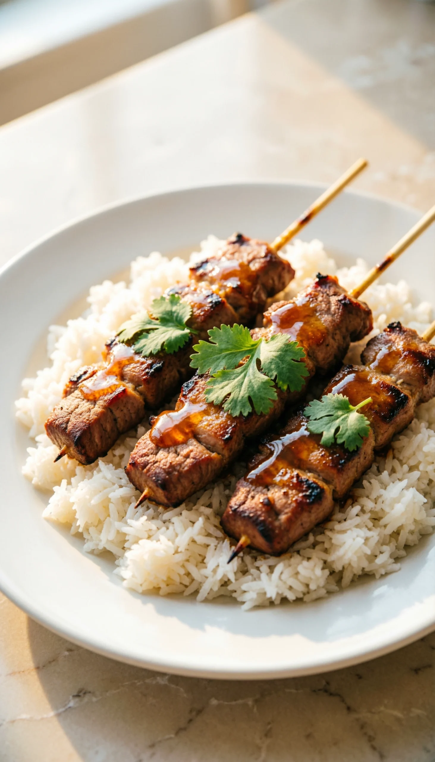 Pork And Pineapple Skewers Are Beautifully Plated Over Fluffy White Coconut Rice, Garnished With Cilantro, Glowing In Warm, Bright Light.