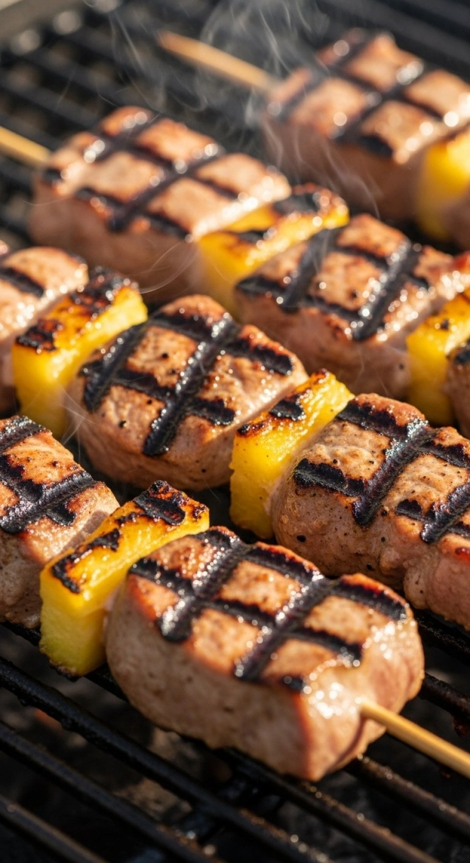 Pork And Pineapple Skewers Sizzle On A Hot Grill Grate With Distinct Cross-Hatch Grill Marks And Smoke, Illuminated By Warm Afternoon Sun.