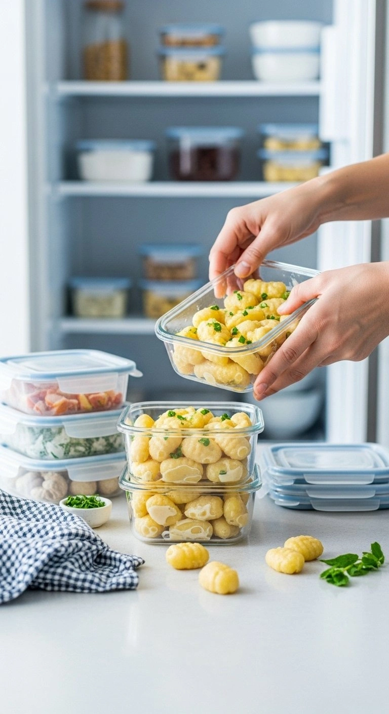 Portioned Millionaire Gnocchi In Clear Meal Prep Containers With Creamy Sauce, Neatly Arranged On A Kitchen Counter For Storage.